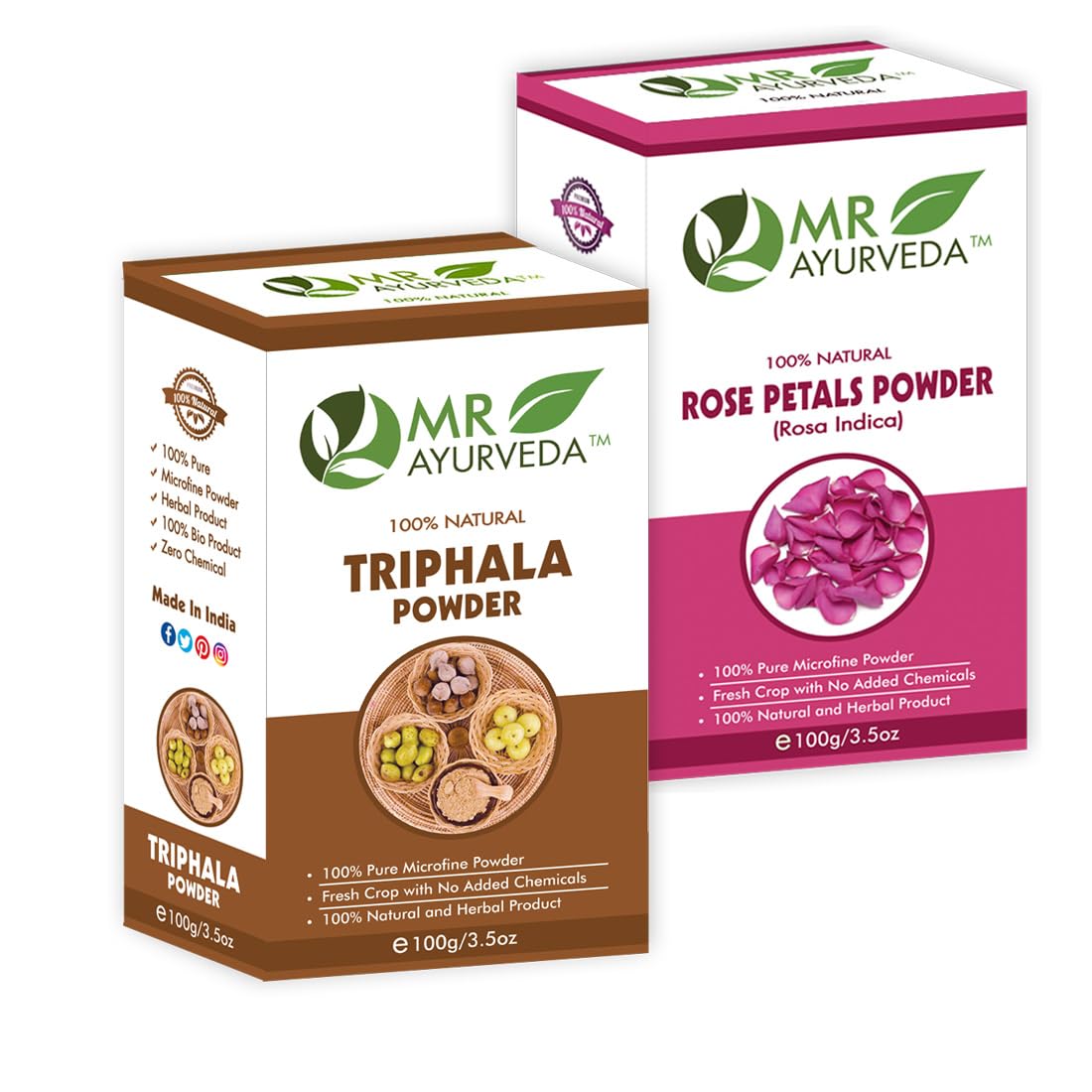 MR Ayurveda 100% Organic Triphala Powder & Rose Petals Powder - 2 Pack (200g) for Digestive Health & Skin Care | Herbal Supplement for Detox, Immunity & Glowing Skin