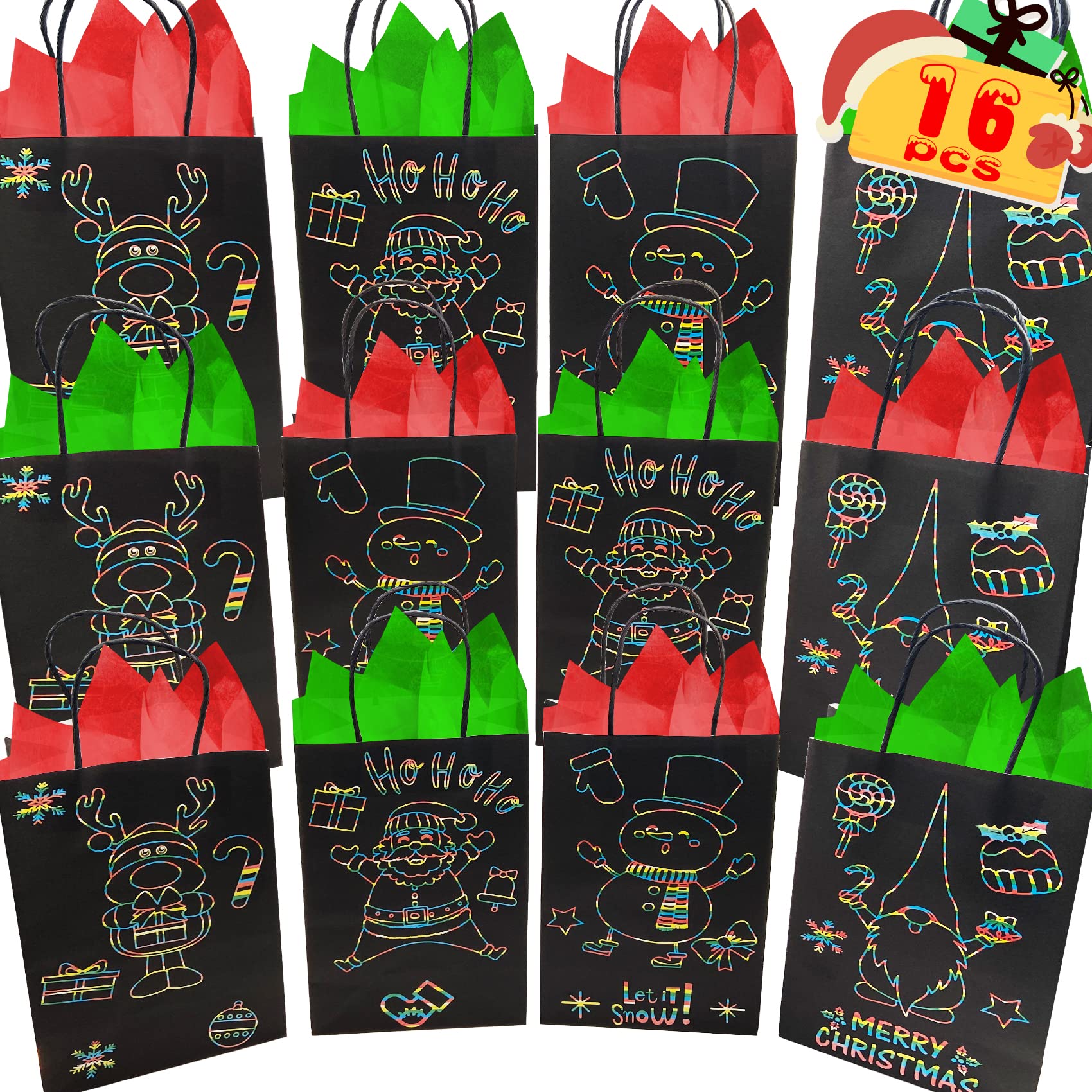 16PCS Glow in the Dark Christmas Gift Bags with Tissue Paper - Black Holiday Party Favor Bags for Xmas Classroom Supplies, Office Exchange & Festive Goodie Bags