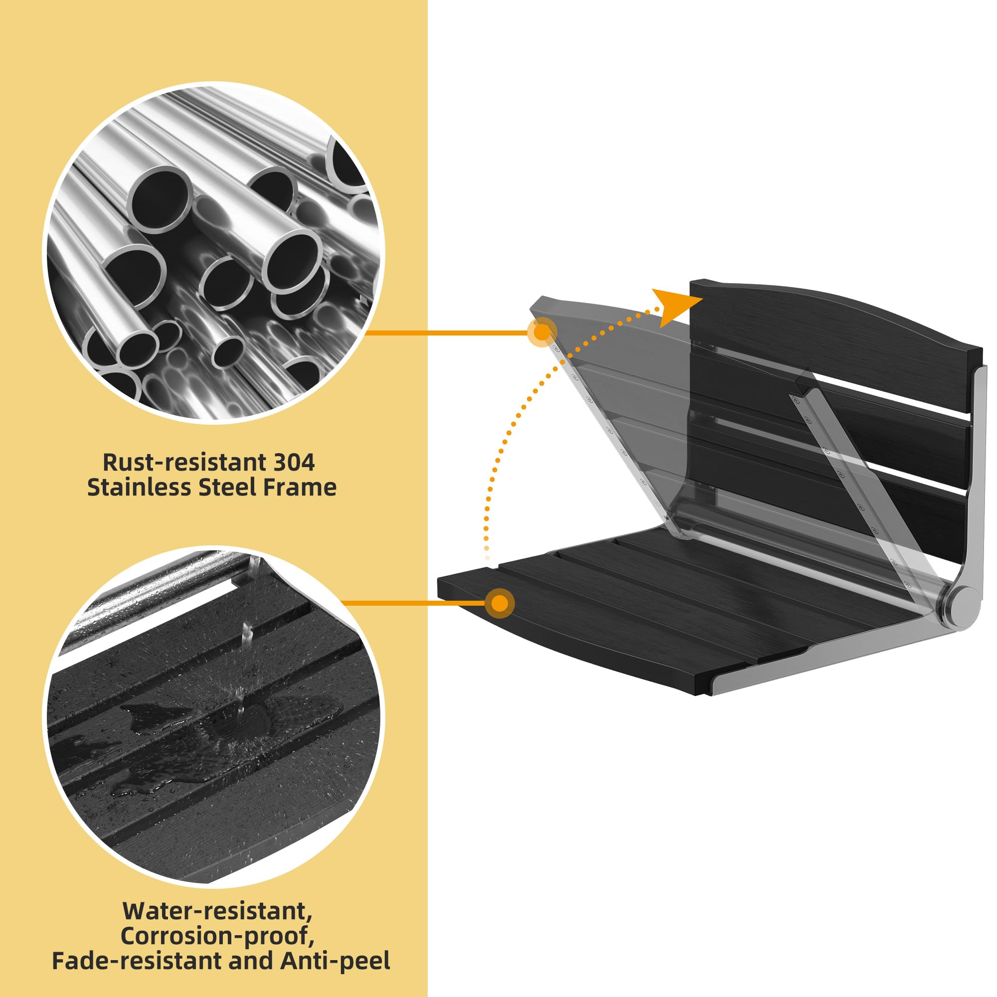 DWVO Folding Shower Seat Wall Mounted - Fold Down Shower Bench for Elderly, Disabled & Pregnant Women - Non-Slip Bathroom Safety Chair for Home Care (Black) - Ideal for Small Bathrooms & Assisted Living Spaces