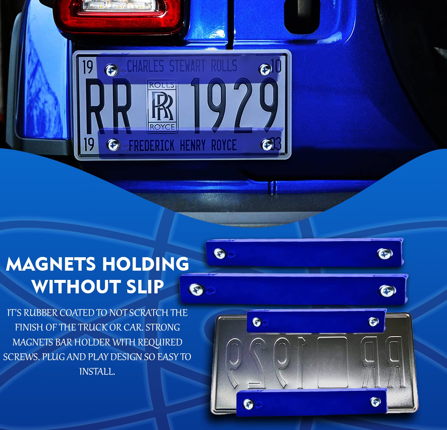 Strong Rubber Molded Magnetic License Plate Holder - Set of 2 with Blue Accents & Screws - Perfect for Car, Truck, RV & Motorcycle Number Plate Installation