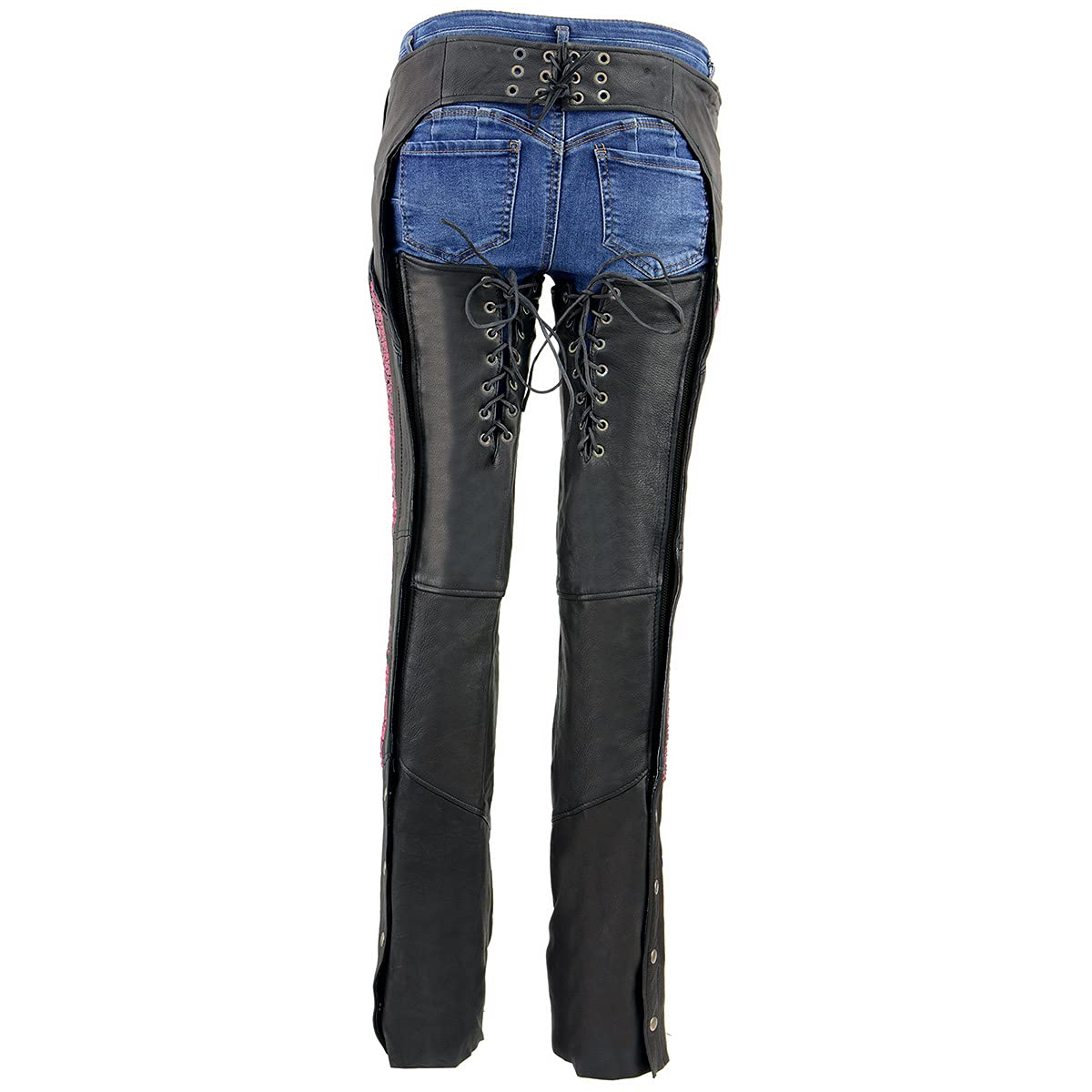 Milwaukee Women's Black Lightweight Goat Skin Motorcycle Chaps with Crinkled Stripes & Reflective Design - Size X-Small (MLL6501) - Perfect for Riding, Biker Events & Outdoor Adventures