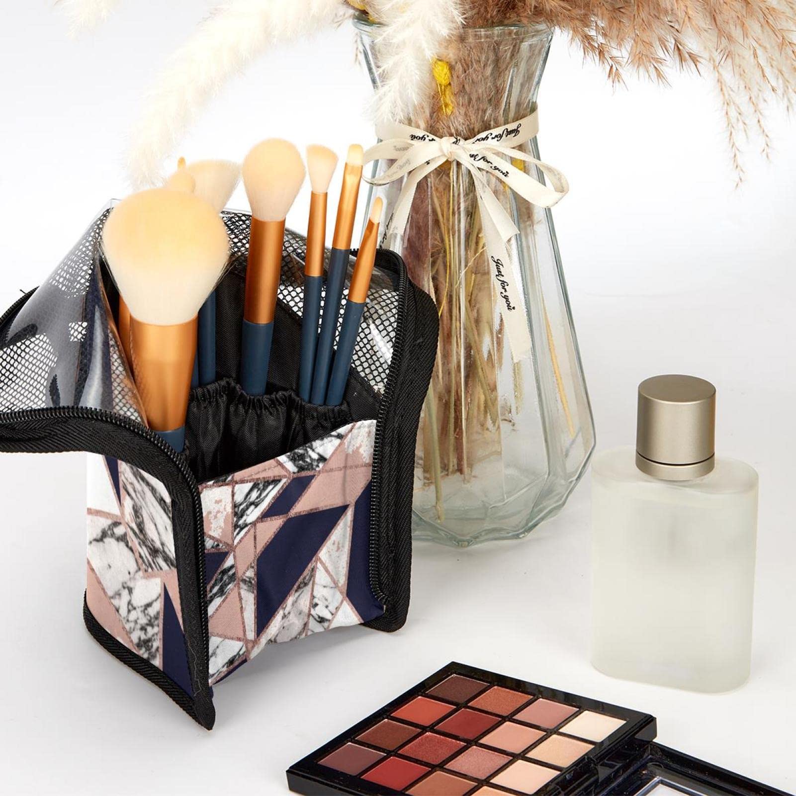 Premium 12-Piece Makeup Brush Organizer Bag - Geometric Blue Peach Marble Rose Design, Portable Travel Cosmetic Brush Holder Case for Professional Artists & Beginners | Perfect for Home Storage & On-the-Go Makeup Application