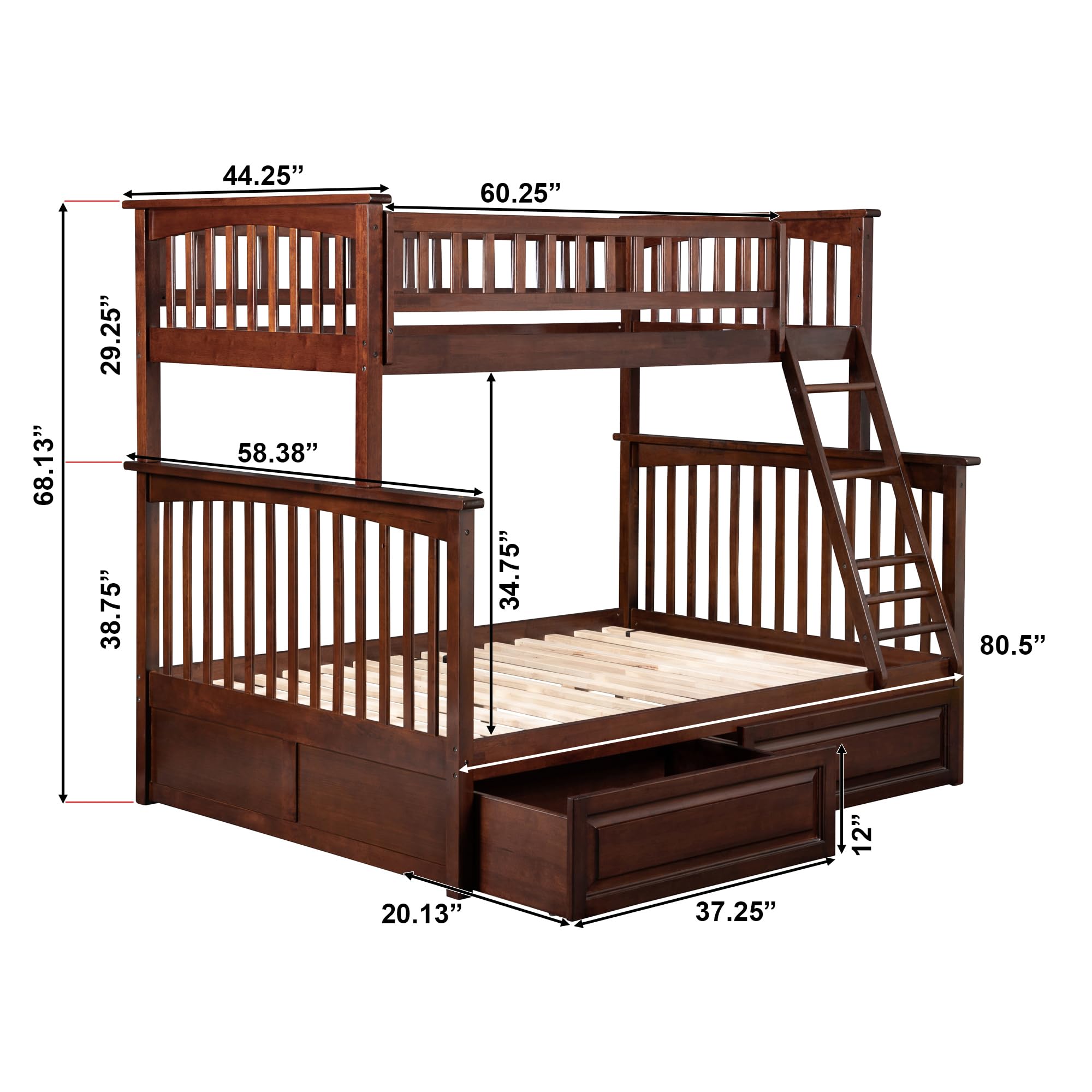AFI Columbia Twin Over Full Size Bunk Bed with Raised Panel Drawers & USB Charging Station - Solid Walnut Wood for Kids, Teens & Guest Rooms - Space Saving Solution for Small Bedrooms & Vacation Homes