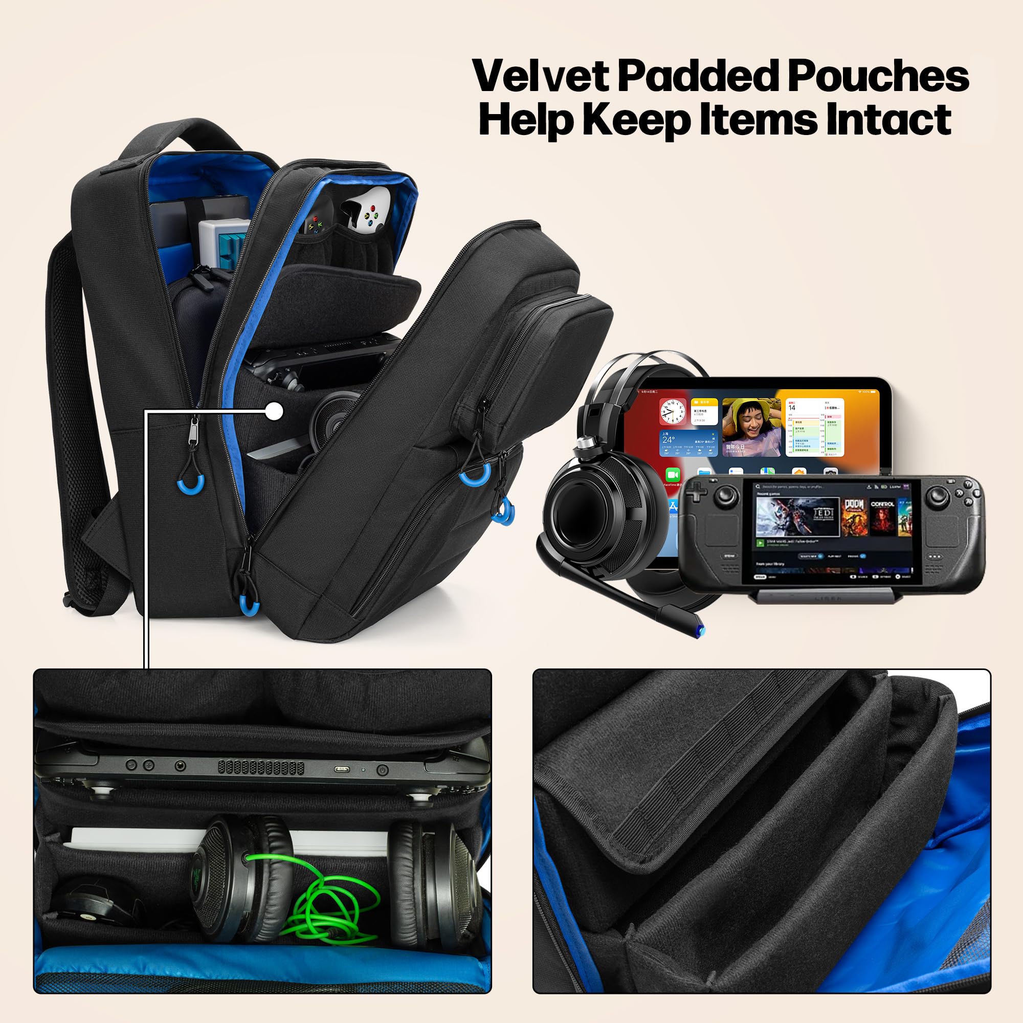 Steam Deck Backpack - Travel Case with Game Card Holder, Multiple Pockets for Headset, Docking Station & Controllers (Patent Design) - Perfect for Gaming On-The-Go & Travel Accessories