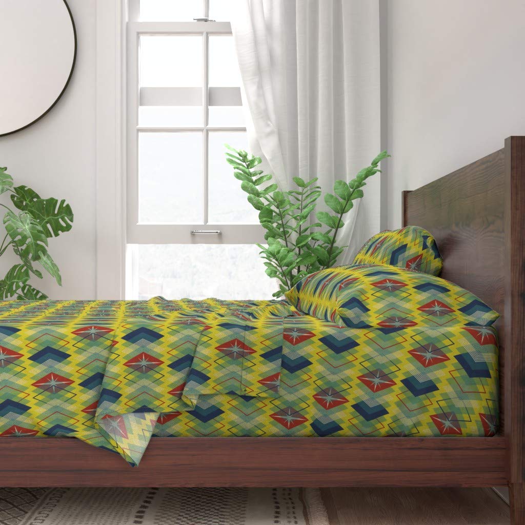 100% Cotton Twin 3-Piece Sheet Set | Mid Century Modern Geometric Print in Atomic Lemon Yellow | Retro Rhombus & Stars Design | Custom Bedding for Vintage & Boho Bedrooms
