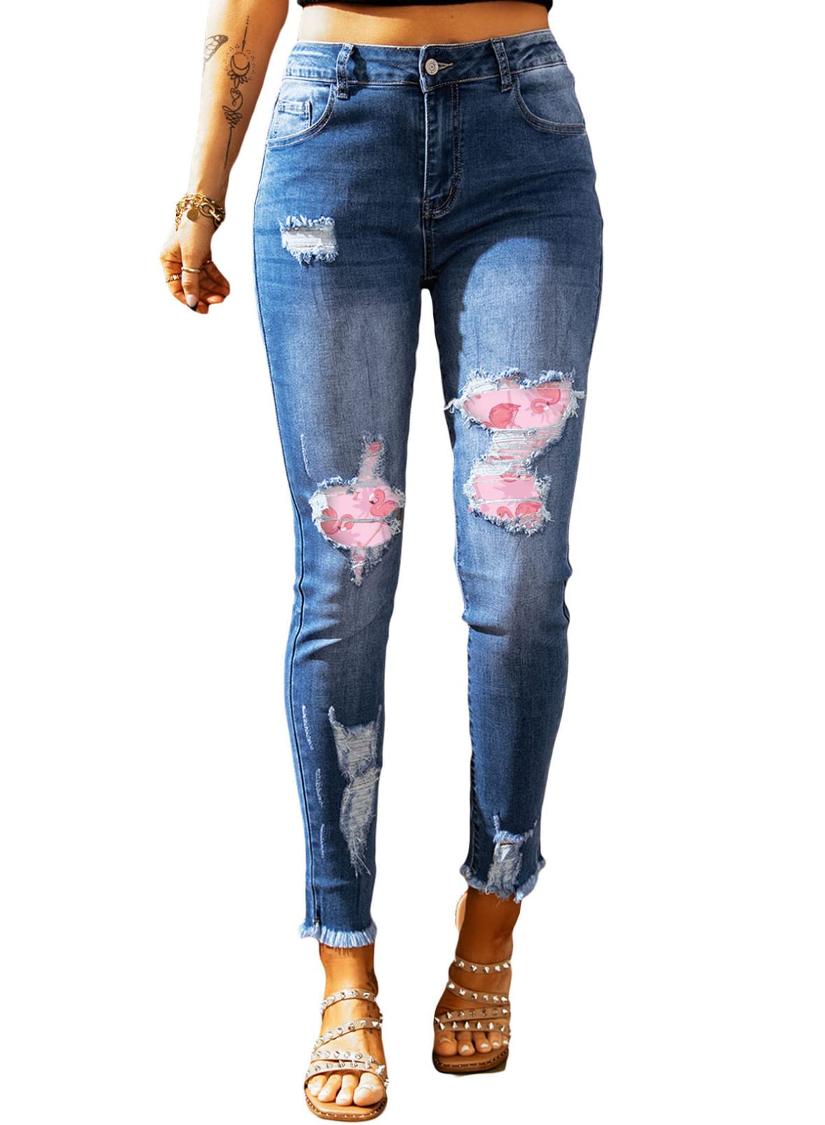 EVALESS Women's High Rise Ripped Skinny Jeans - Slim Fit Boyfriend Jeans with Raw Hem & Stretch Denim | Perfect for Casual Wear, Night Out & Street Style Fashion