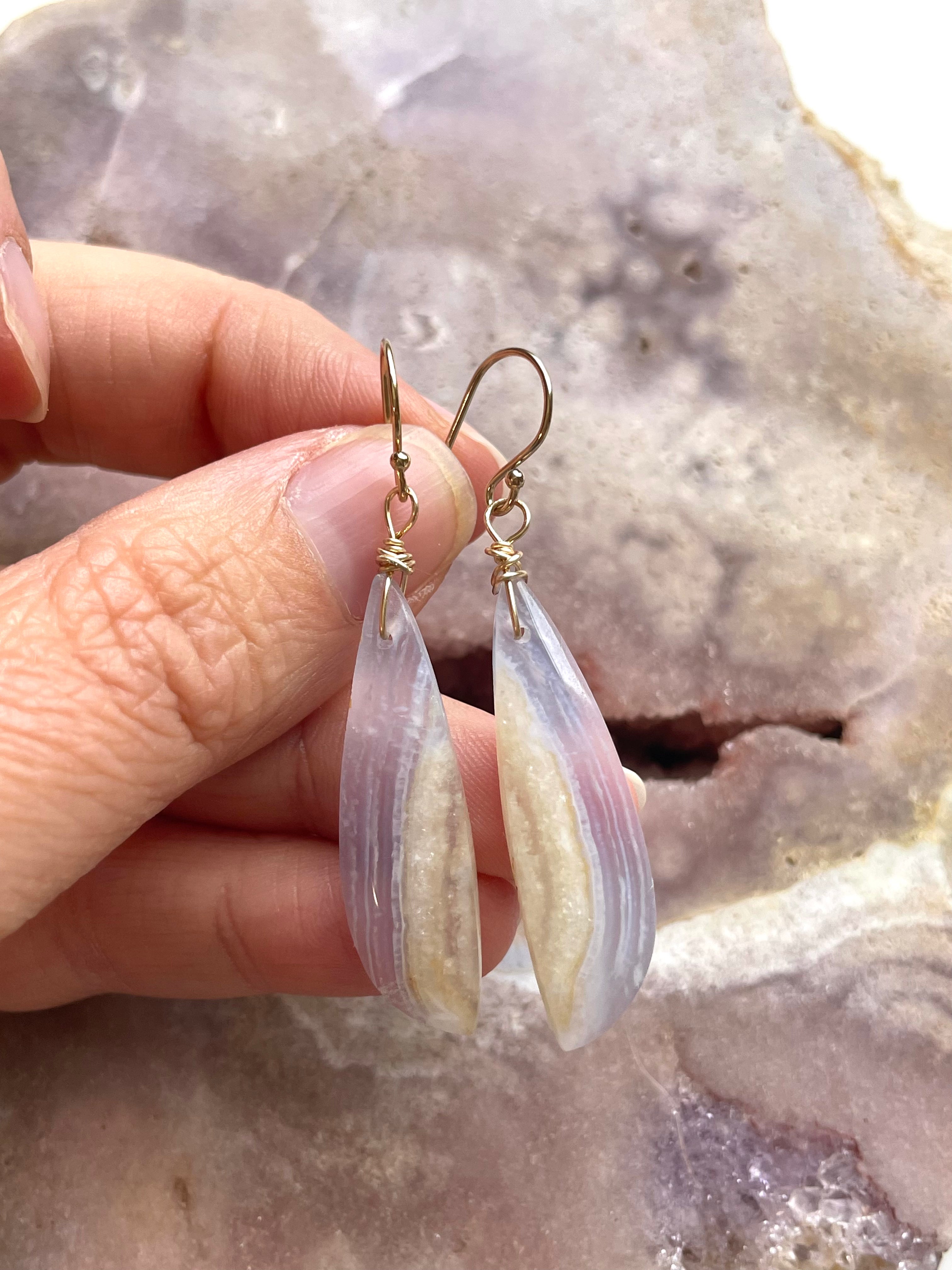 Blue Lace Agate Earrings - 14K Gold Filled Dangle Earrings for Women | Healing Crystal Jewelry Gift for Birthday, Wedding & Everyday Wear
