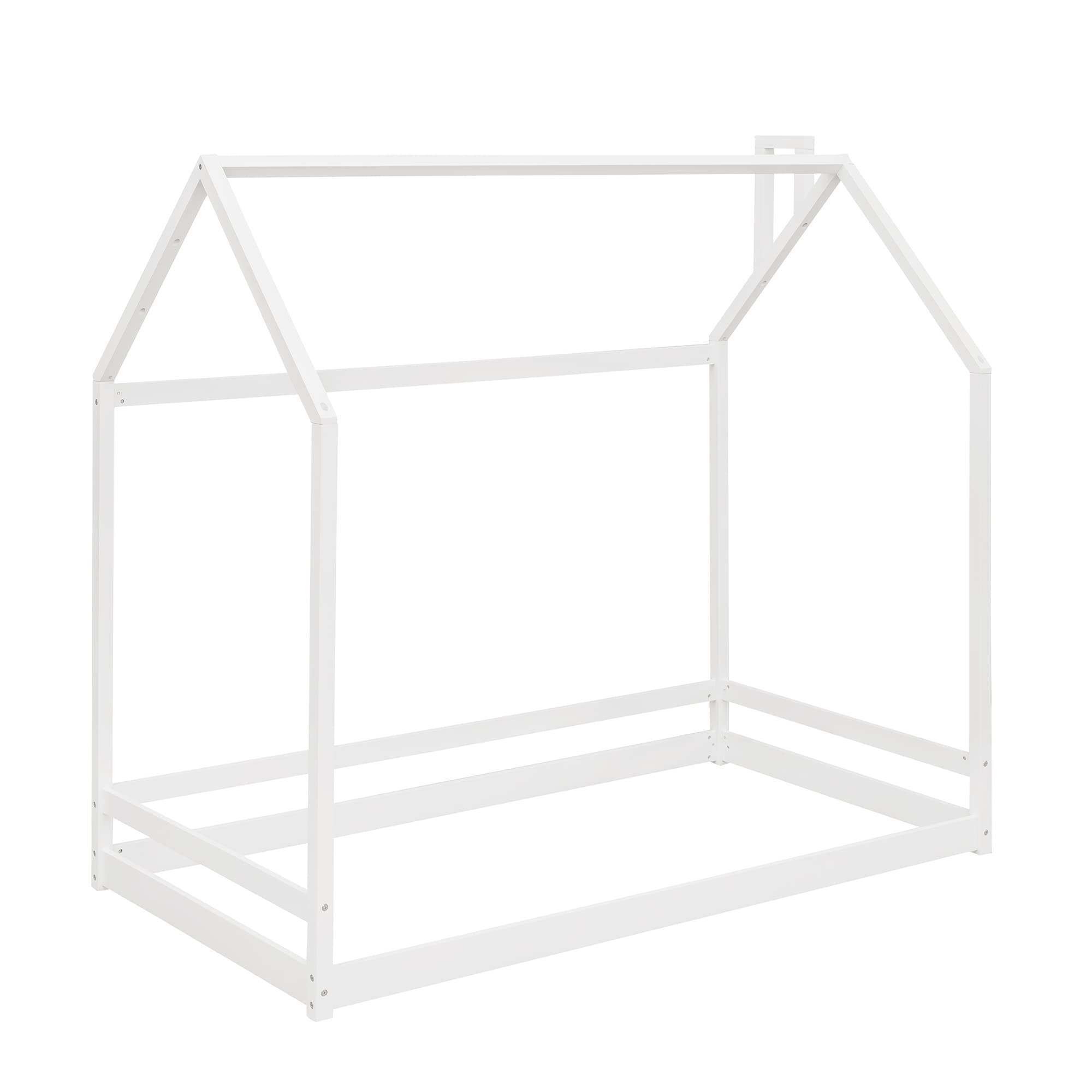 P PURLOVE Twin Size Wooden House Bed Frame - No Box Spring Needed, White - Perfect for Teen Rooms, Dorms & Small Bedrooms - Kids Playhouse Style Floor Bed for Cozy Sleeping Space