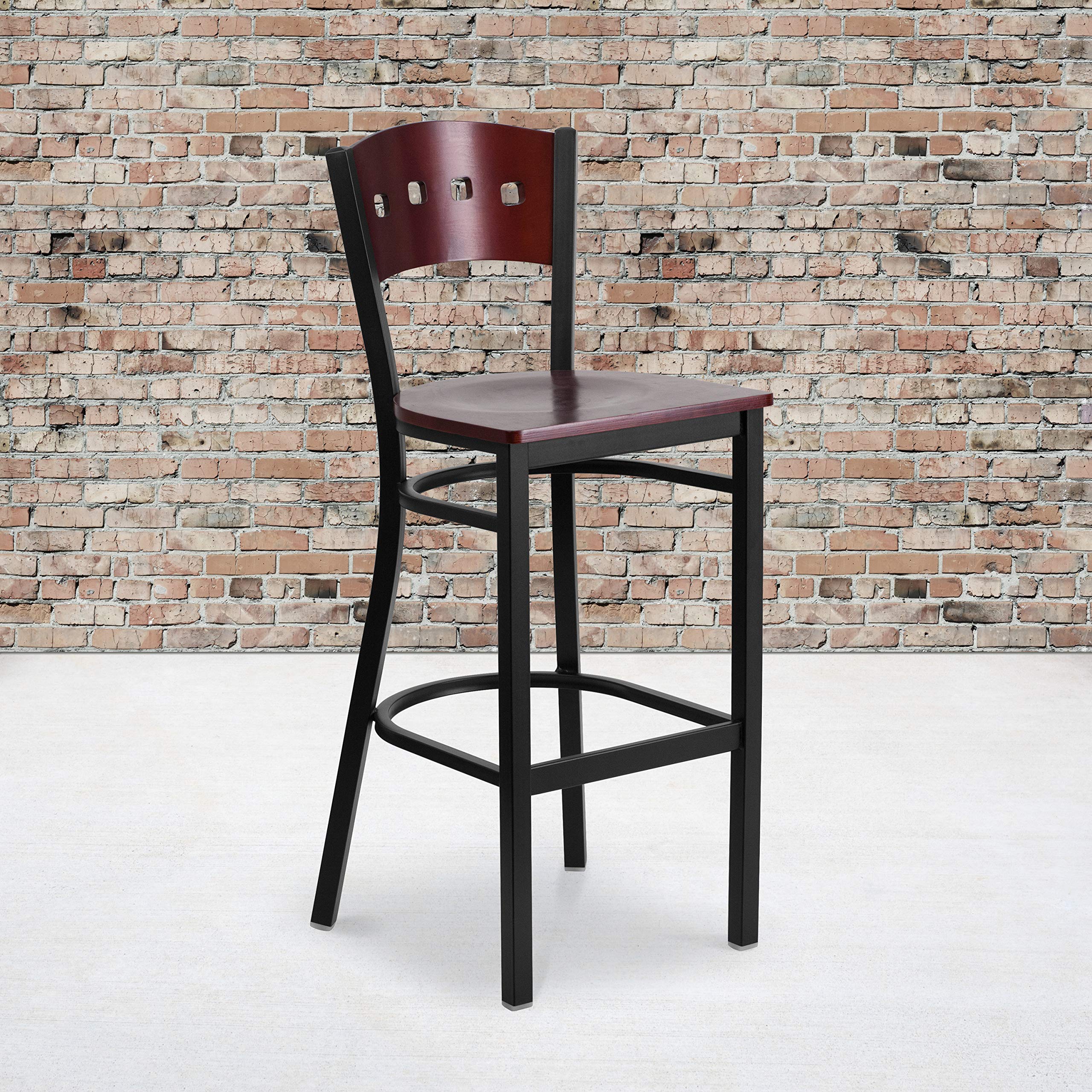 Flash Furniture 2-Pack HERCULES Series Black Metal Bar Stools with Mahogany Wood Seat & Back - 24