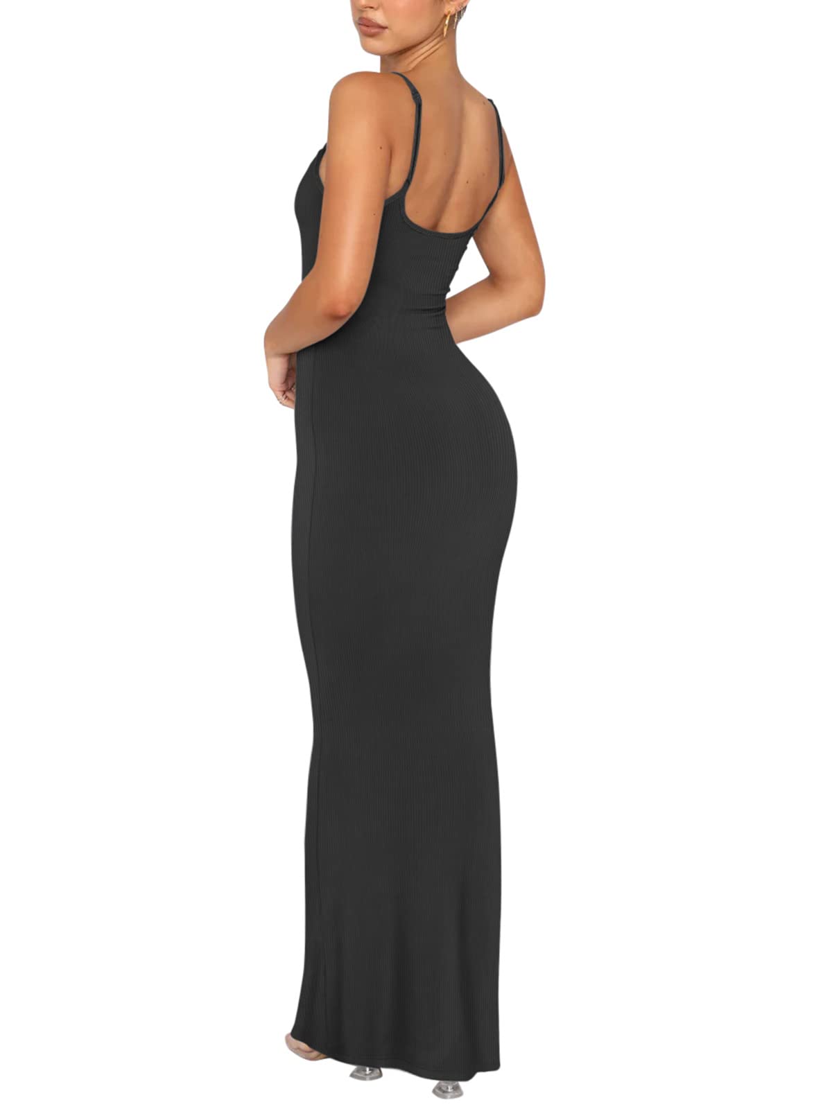REORIA Women's Sexy Long Sleeveless Backless Ribbed Bodycon Maxi Dress - Elegant Lounge Slip Dress for Night Out, Party, Date Night & Special Occasions