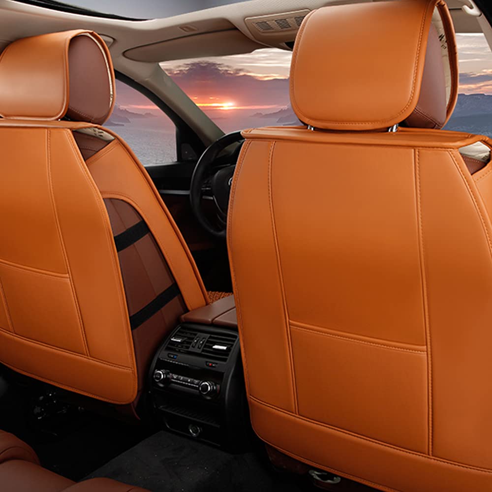 Premium Universal Leather Car Seat Covers Full Set - Luxury Diamond Stitching Design for Cars, SUVs & Trucks | Comfortable & Durable Auto Interior Accessories | Perfect for Road Trips, Commuting & Family Travel (Orange)
