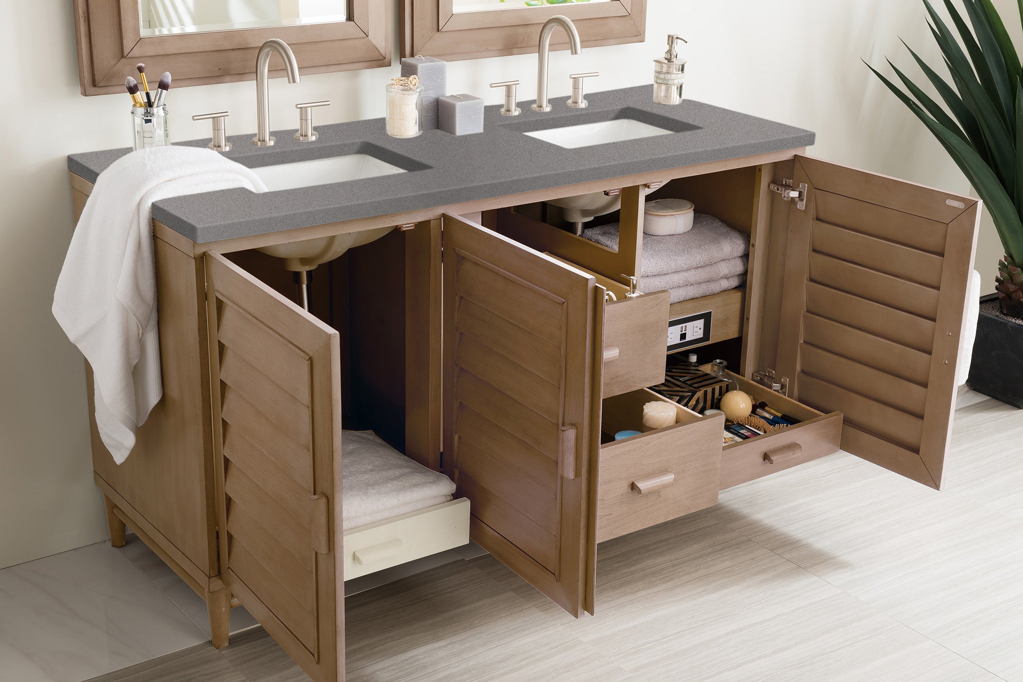 Portland 60 Inch Double Vanity with Whitewashed Walnut Finish & 3CM Gray Expo Quartz Countertop - Perfect for Modern Bathroom Renovations and Master Suite Upgrades