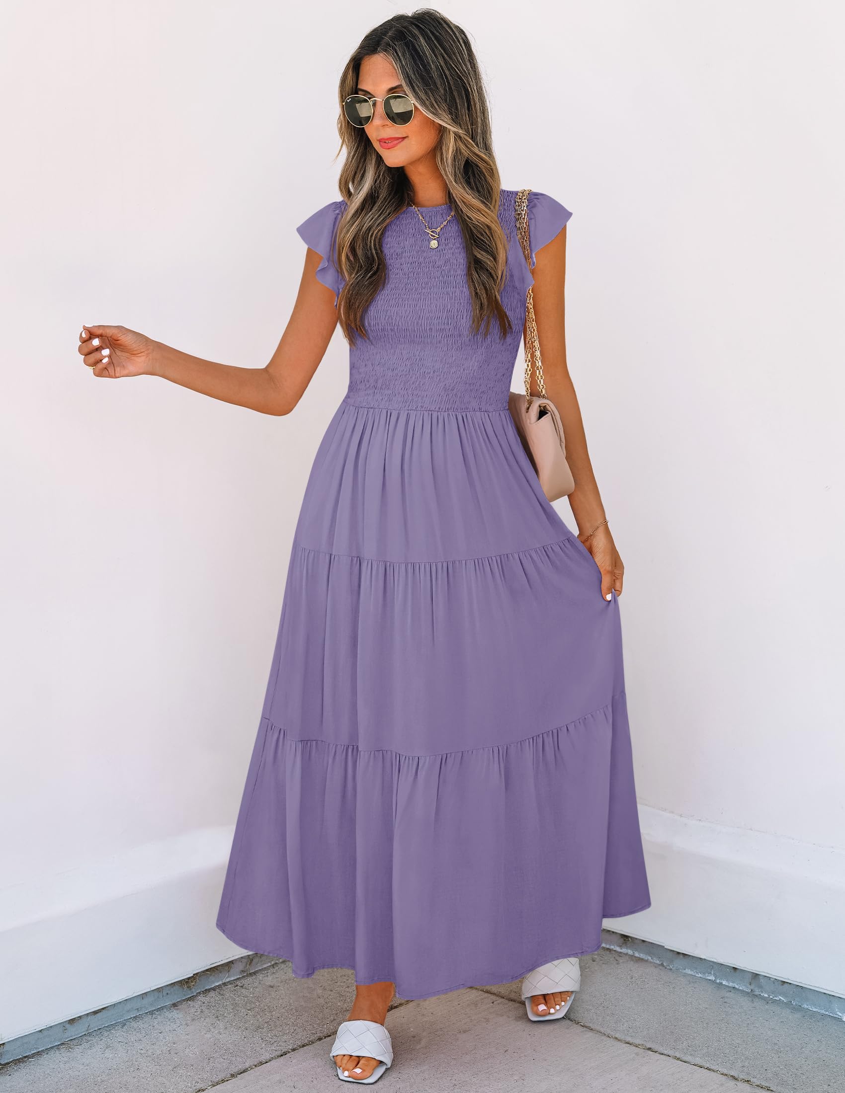 ZESICA Women's Summer 2025 Flutter Short Sleeve Smocked Waist Tiered Midi Dress - Casual Crew Neck Elastic Waist Flowy Dress for Beach, Vacation & Everyday Wear