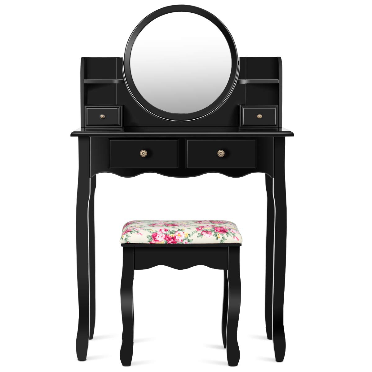 Charmaid Vanity Set with 4 Storage Shelves & 4 Drawers, Makeup Dressing Table with 360° Swivel Mirror, Cushioned Stool & Organizers - Elegant Black Vanity Desk for Women & Girls | Perfect for Bedroom, Dorm Room & Beauty Salon Makeup Station
