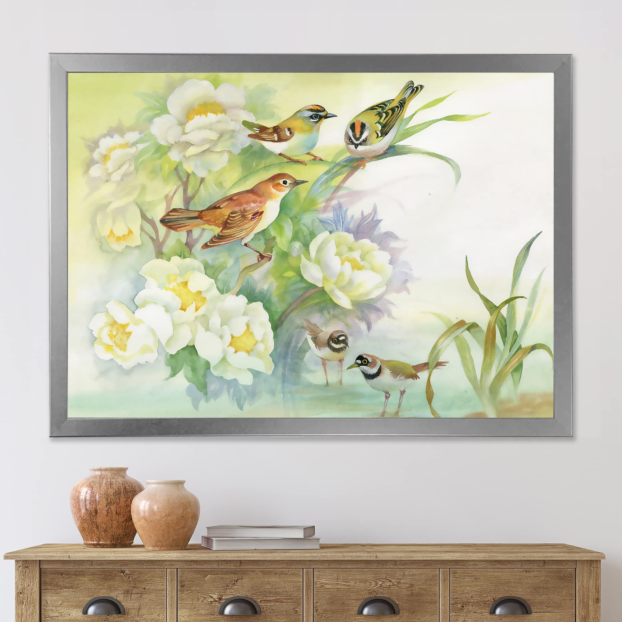 DesignQ Traditional Framed Wall Art - Rustic Scenery with Flowers and Birds - Perfect for Living Room, Bedroom & Office Decor