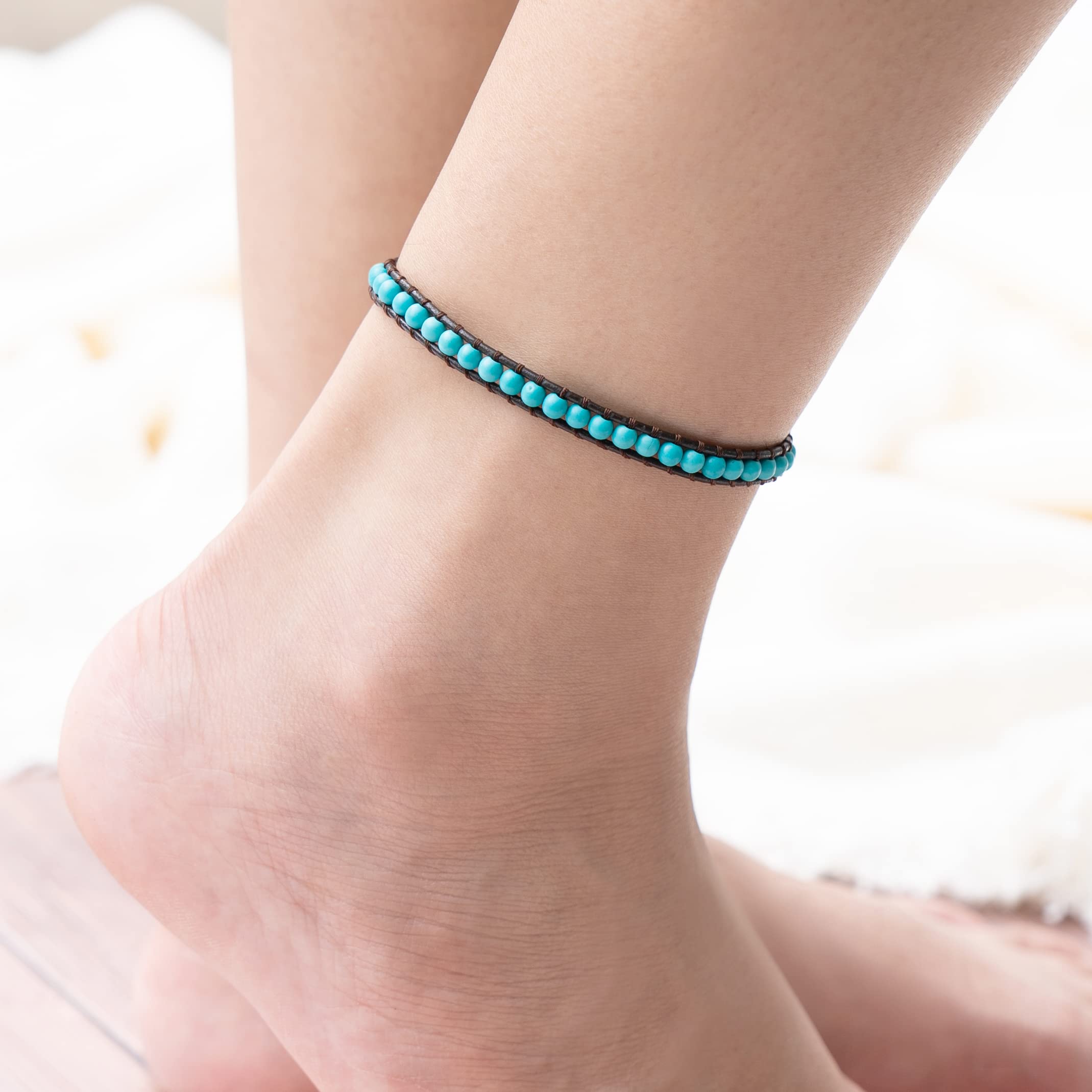 Handmade Turquoise Bead Anklet Bracelet - 10 Inch Bohemian Leather Cord Anklet for Men & Women | Hippie Unisex Jewelry Gift for Beach, Festival & Everyday Wear