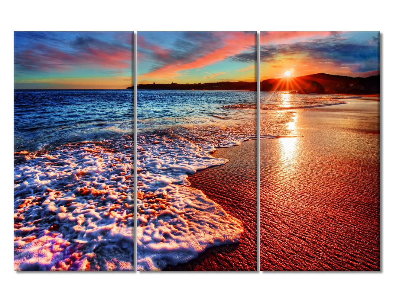 3-Piece Beach Sunset Canvas Wall Art - Ocean Coastline Landscape Painting for Living Room Decor, Framed & Ready to Hang (60