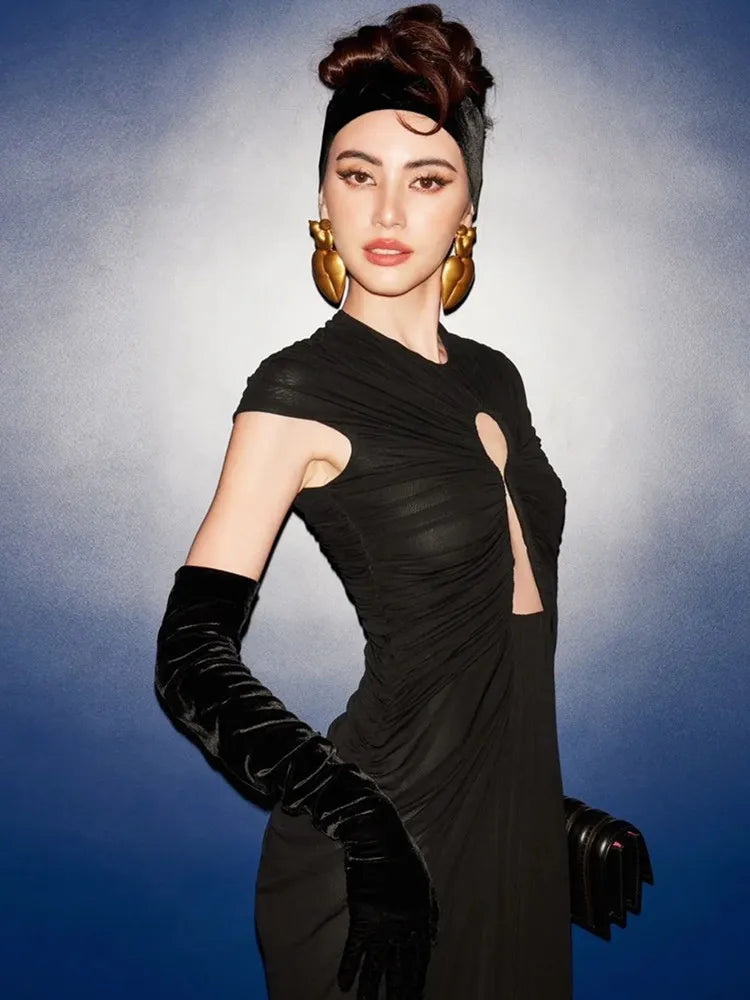 Sexy Black Mesh Ruched Bodycon Maxi Dress for Women - Elegant Club Party & Evening Gown 2025 | Perfect for Night Out, Date Night, Cocktail Parties and Special Occasions