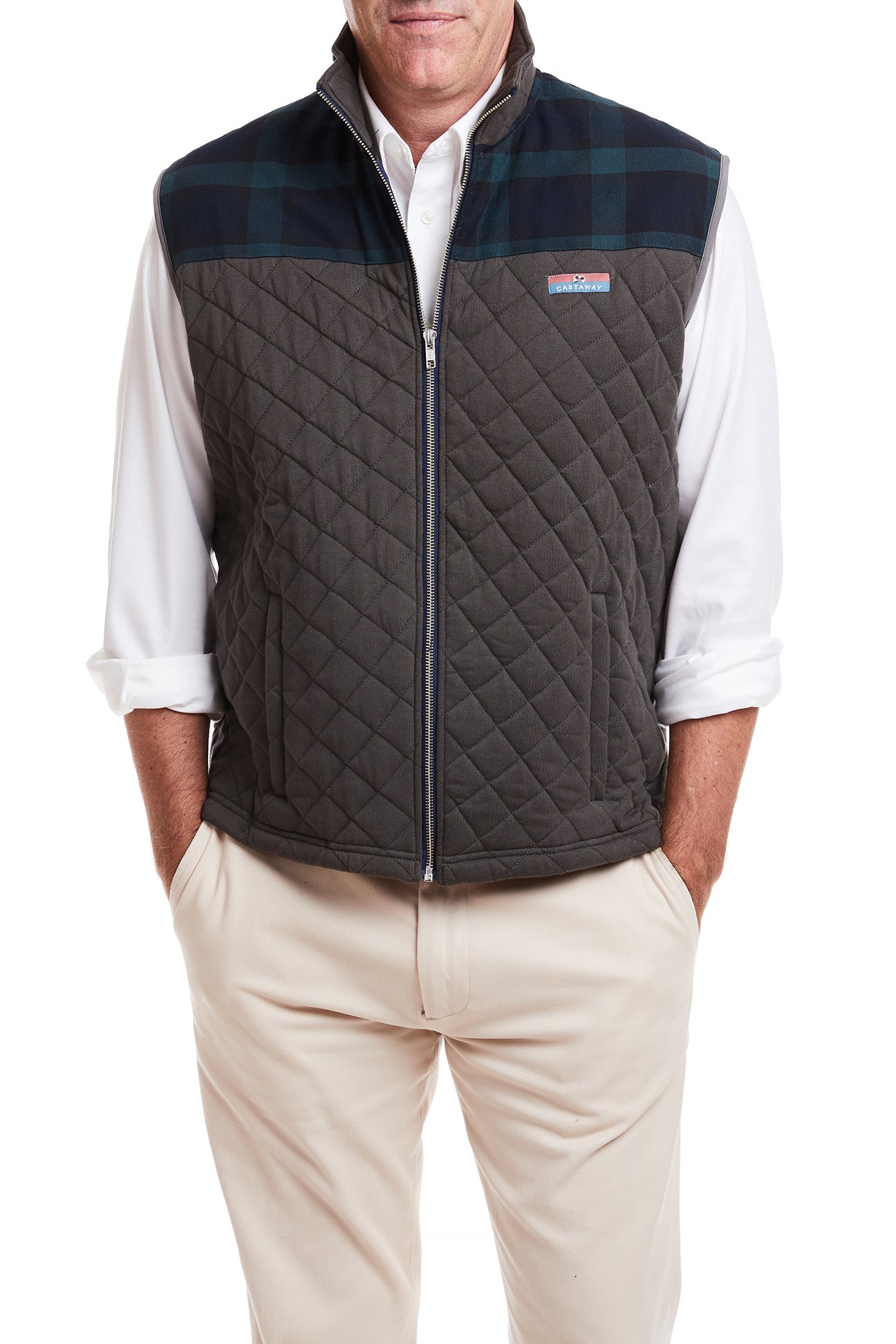 Men's Cross Rip Quilted Vest - Charcoal Grey with Blackwatch Plaid Trim - Outdoor Hunting & Casual Winter Wear