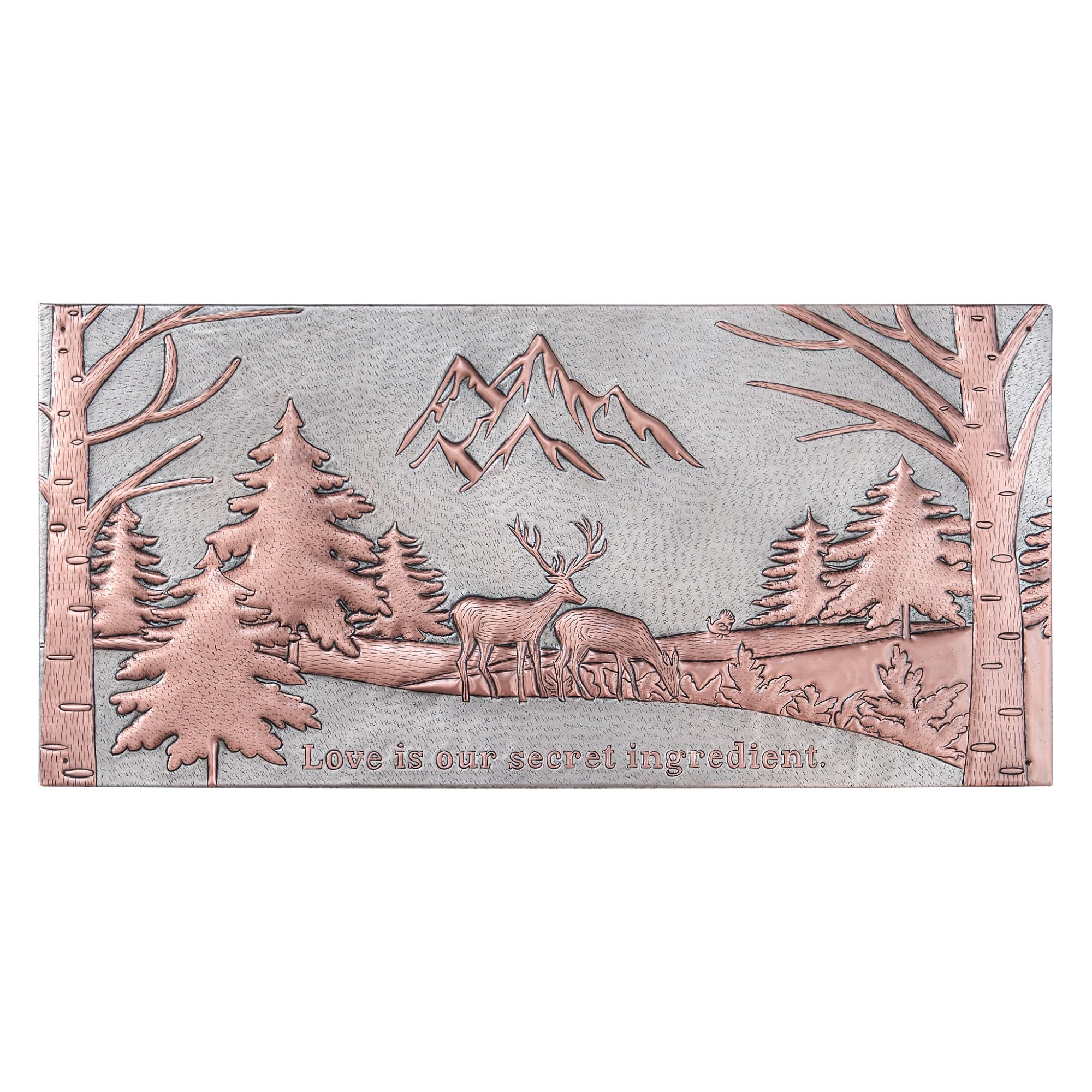 Handmade Custom Copper Kitchen Backsplash Panel - Pine Trees & Mountain Scenery with Deer Design - Indoor/Outdoor Wall Decor for Rustic Cabin, Farmhouse, or Modern Kitchen (Gray & Copper Finish)