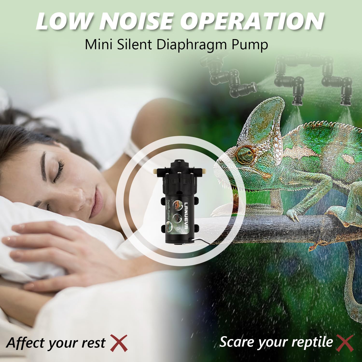 LANUEVA Reptile Humidifier - Quiet Terrarium Fogger with 6 Misting Nozzles (4 Single + 2 Double) | Automatic Spray System for Chameleons, Lizards, Snakes & Frogs | Perfect for Reptile Tanks, Vivariums & Pet Habitats (Pump without Timer)