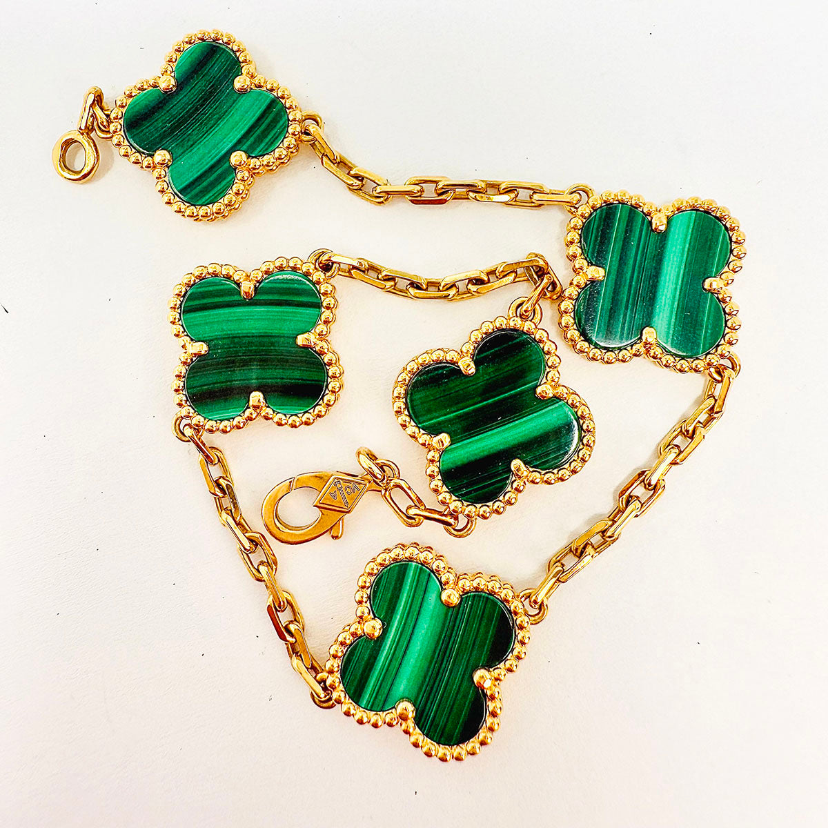 Van Cleef & Arpels Vintage Alhambra 5 Motifs Malachite Bracelet - Luxury 18K Gold Jewelry for Women, Elegant Green Stone Gift for Anniversary & Special Occasions