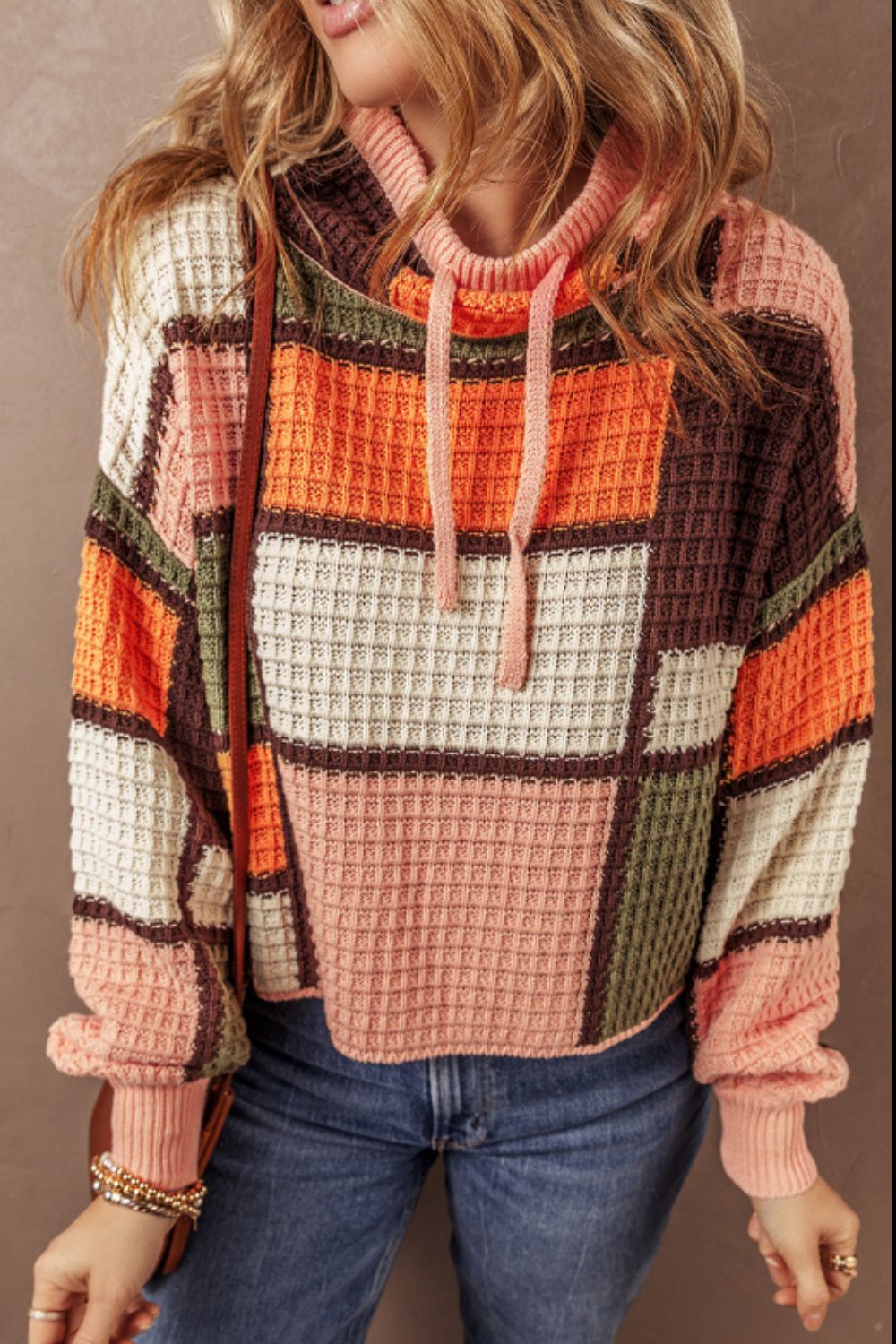 Stylish Drawstring Color Block Mock Neck Sweater for Women | Trendy Pullover with Adjustable Neckline | Perfect for Casual Outings, Office Wear & Fall Layering