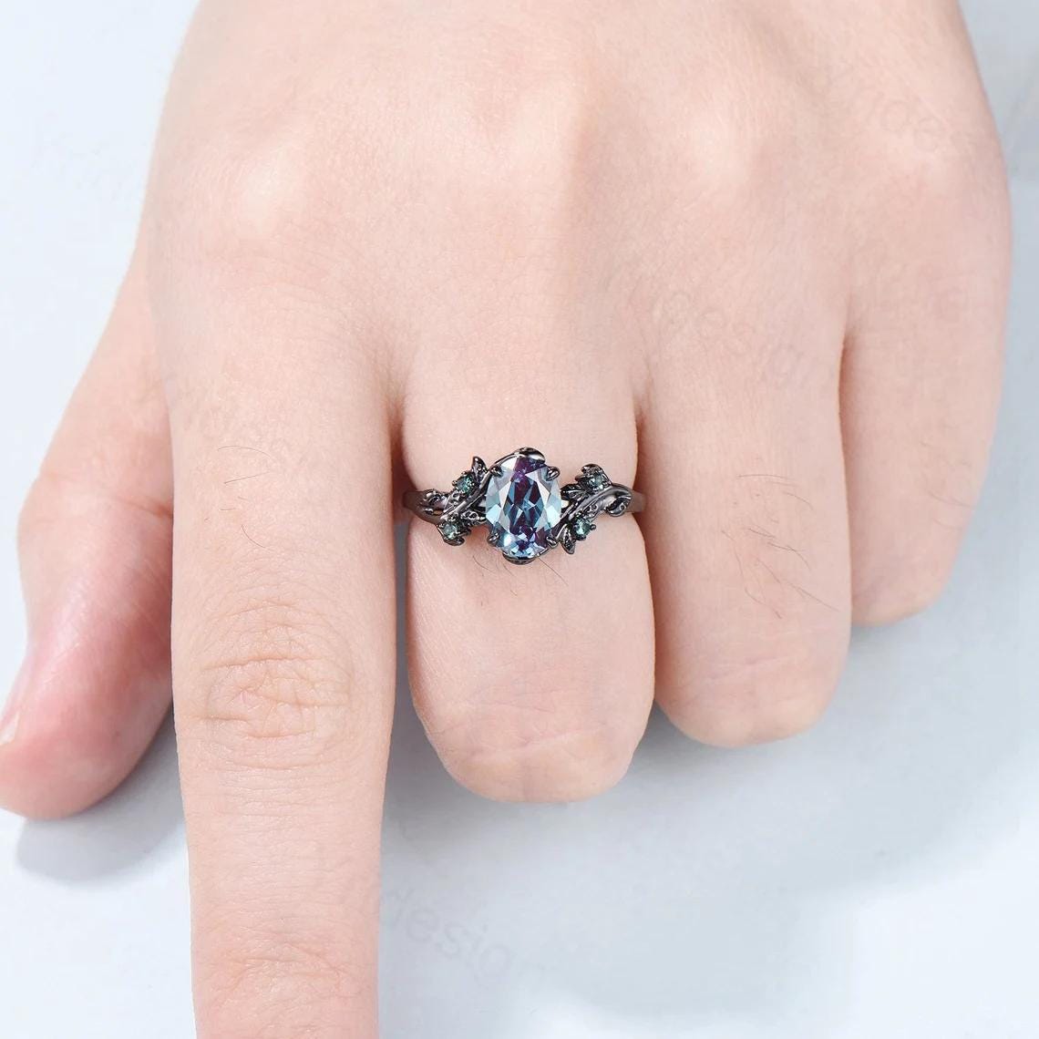 14K Black Gold Alexandrite Couples Ring Set - His & Hers Wedding Bands, Twig Design Engagement Rings for Men & Women - Nature Inspired Promise Gift for Anniversaries, Proposals & Romantic Occasions