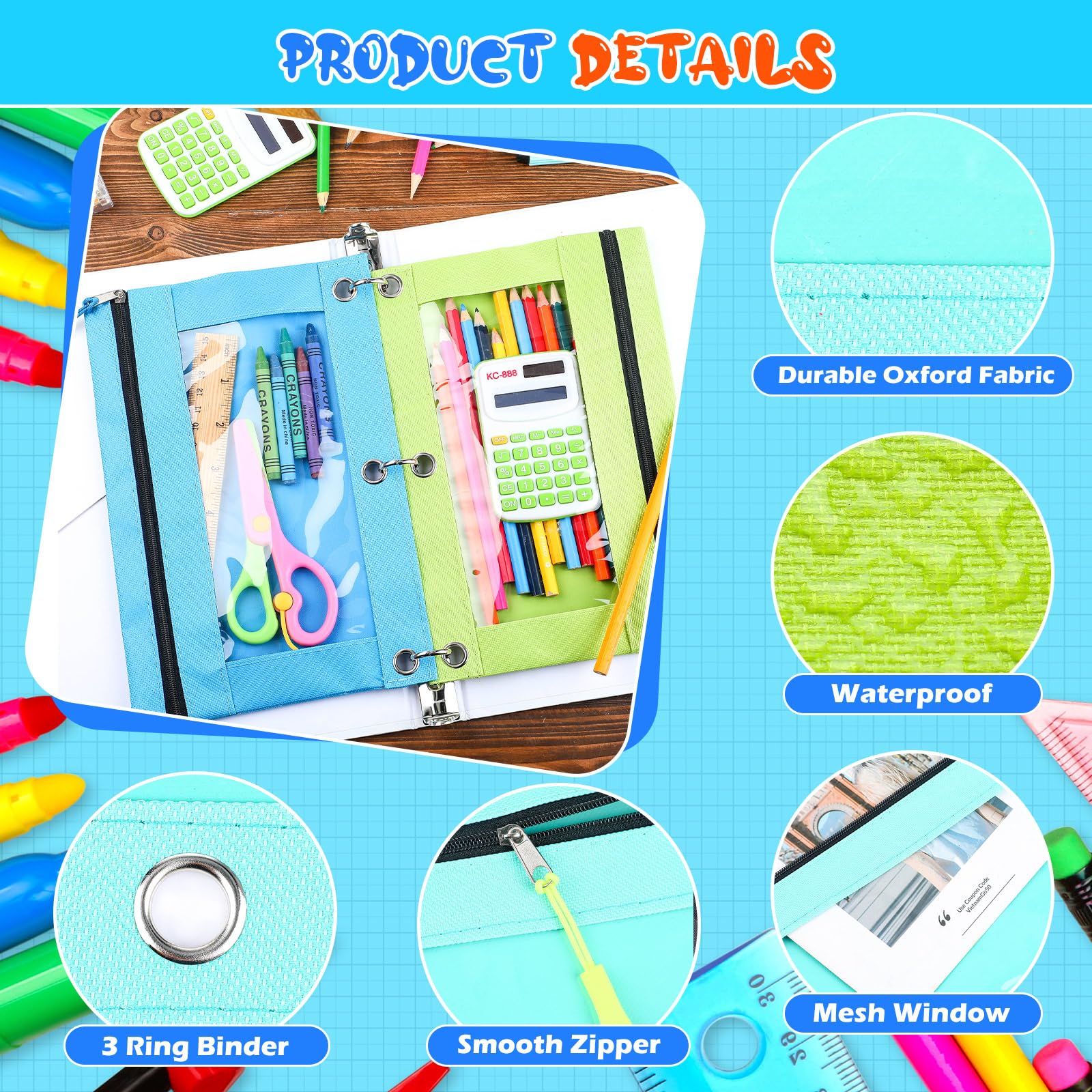 100-Piece Bulk Zipper Binder Pencil Pouches - 3-Ring Binder Pouch with Clear Window for School & Office Supplies (8 Colors, Single Layer) - Perfect for Organizing Pens, Pencils, Art Supplies in Classroom, Home or Office