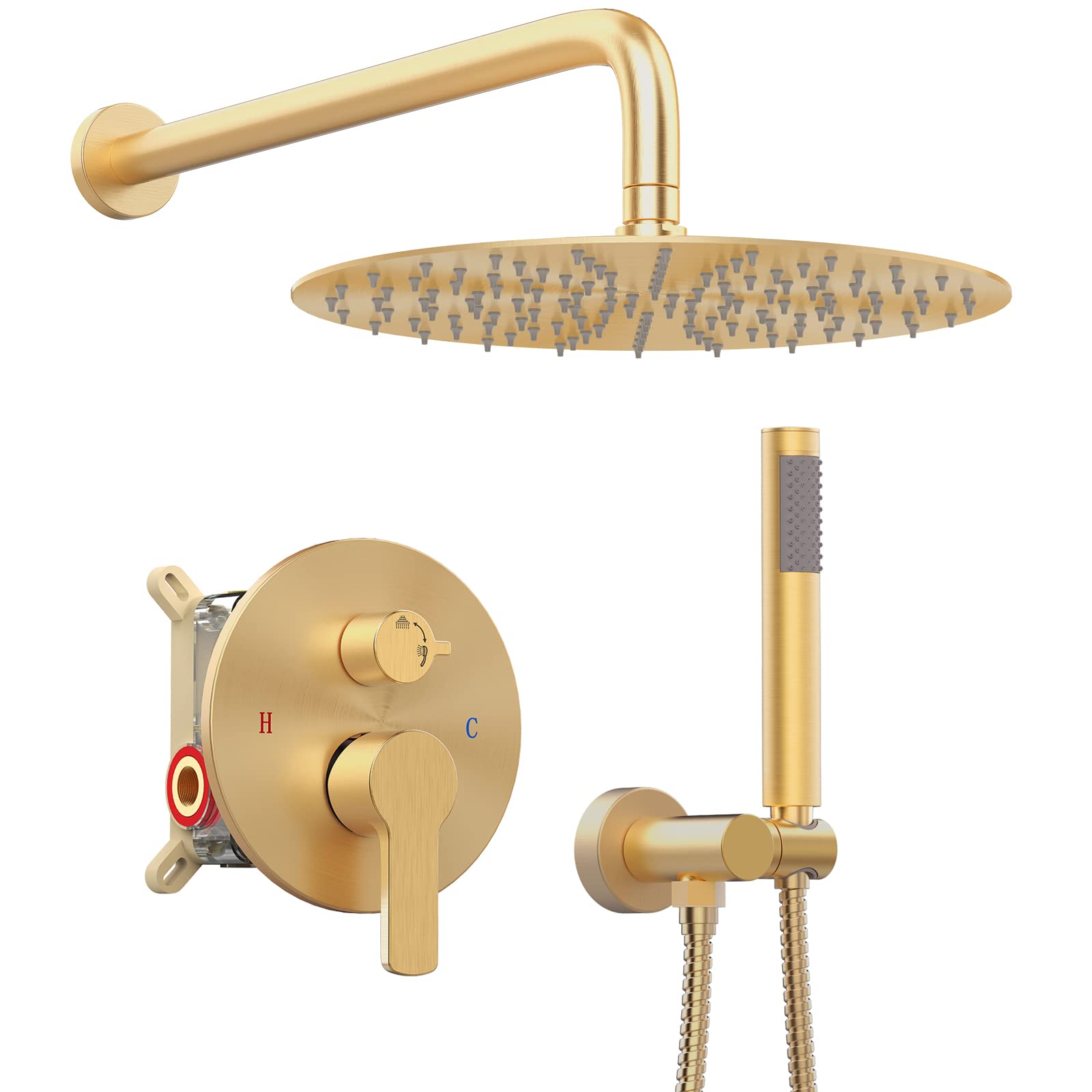 KOJOX 12 Inch Brushed Gold Shower System - High Pressure Rainfall Shower Head & Handheld Spray - Wall Mounted Bathroom Mixer Faucet with Rough-in Valve & Trim Kit - Perfect for Modern Bathroom Renovation & Spa-Like Shower Experience