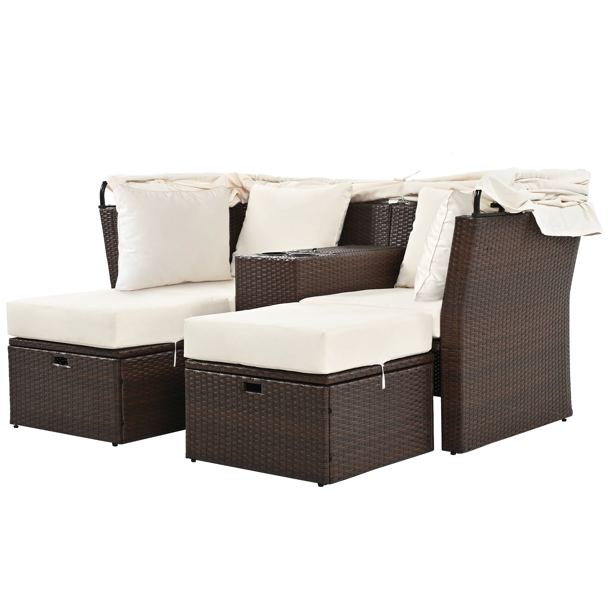 2 Seater Outdoor Patio Daybed with Foldable Awning & Cushions - Double Loveseat Sofa Set for Garden, Balcony, Poolside - Perfect for Relaxing, Sunbathing & Outdoor Lounging (Beige)