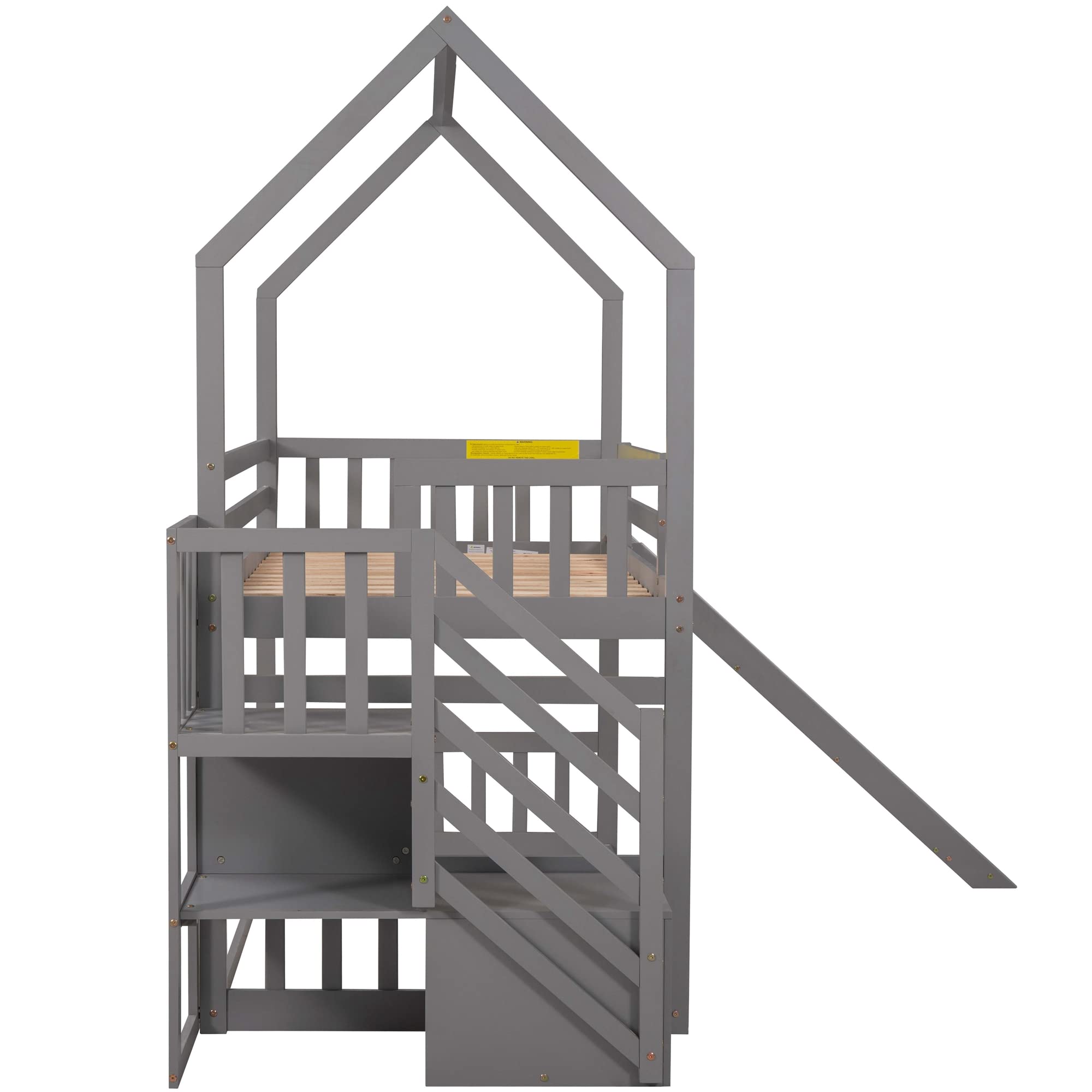Twin Over Twin Wooden Bunk Bed with Slide, 2 Drawers, Roof & Guardrails - No Box Spring Needed - Perfect for Kids, Teens & Family Bedrooms (Gray)