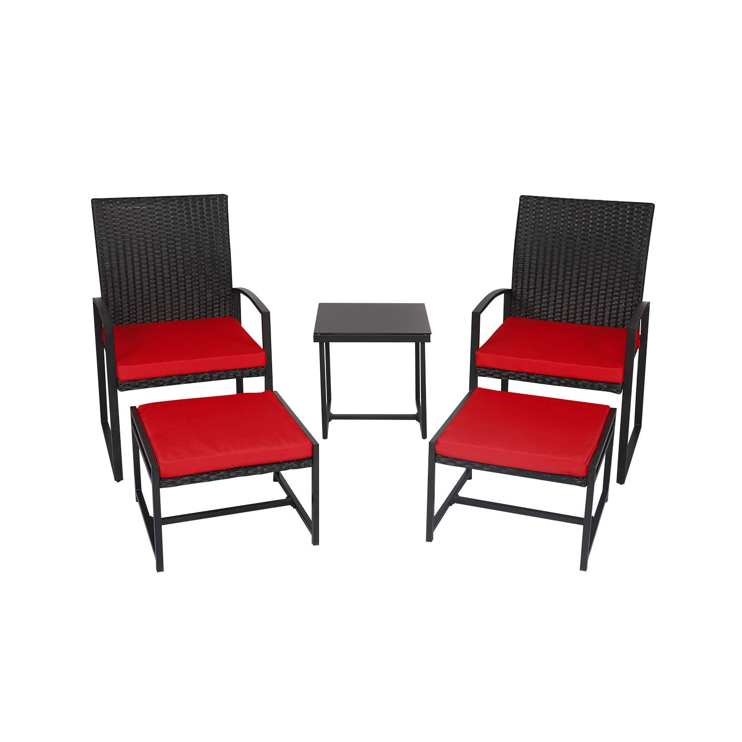Kinbor 5-Piece PE Rattan Patio Furniture Set - Wicker Chairs with Cushioned Ottoman & Coffee Table for Outdoor Porch, Garden, Poolside & Backyard Relaxation