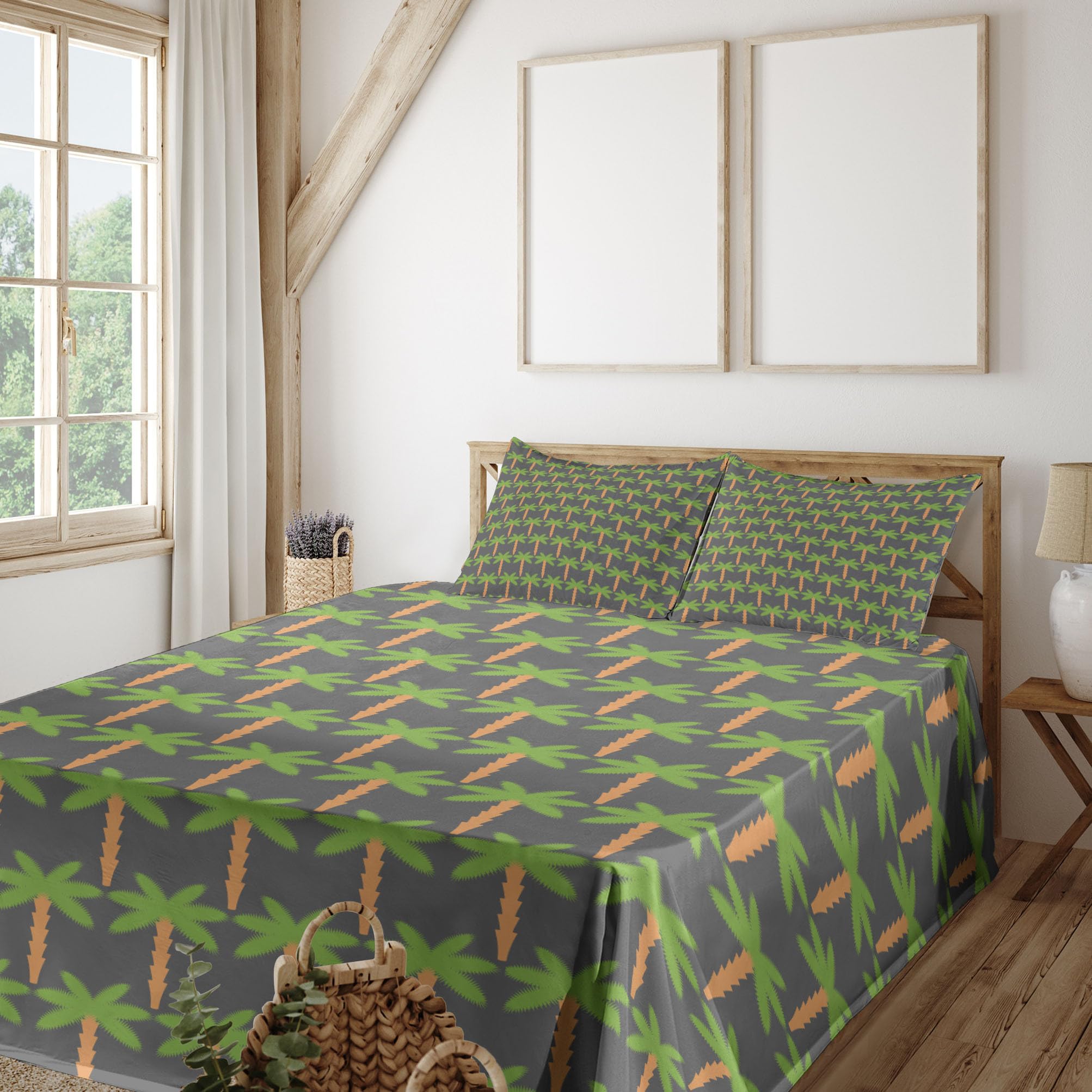 Ambesonne Exotic Tropical Palm Tree Bed Sheet Set - King Size 4-Piece Bedding with Fitted Sheet, Flat Sheet & Pillowcases - Hawaiian Nature Inspired Grey Lime Green Design - Perfect for Beach House, Vacation Home & Tropical Themed Bedrooms