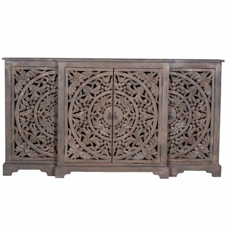 Hand Carved Rustic Wooden Sideboard with Carved Doors - Boho Chic Storage Cabinet for Living Room, Dining Room & Entryway Organization