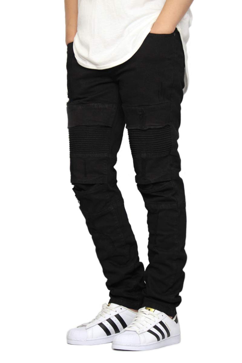 URBANJ Men's Stretch Slim Fit Destroyed Moto Biker Jeans - Stylish Ripped Denim Pants for Casual Wear & Motorcycle Riding