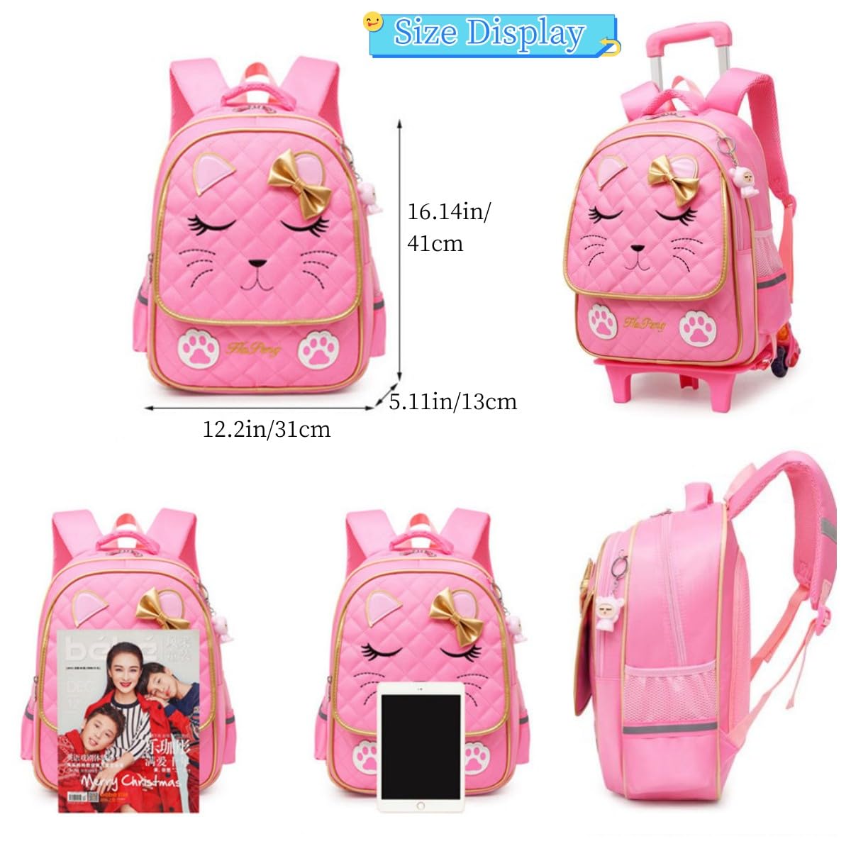 Cute Cat Face Rolling Backpack for Girls - Pink 6-Wheel Trolley School Bag with Bowknot | Kids Travel Luggage & Carry-On for School, Airplane, and Daily Use