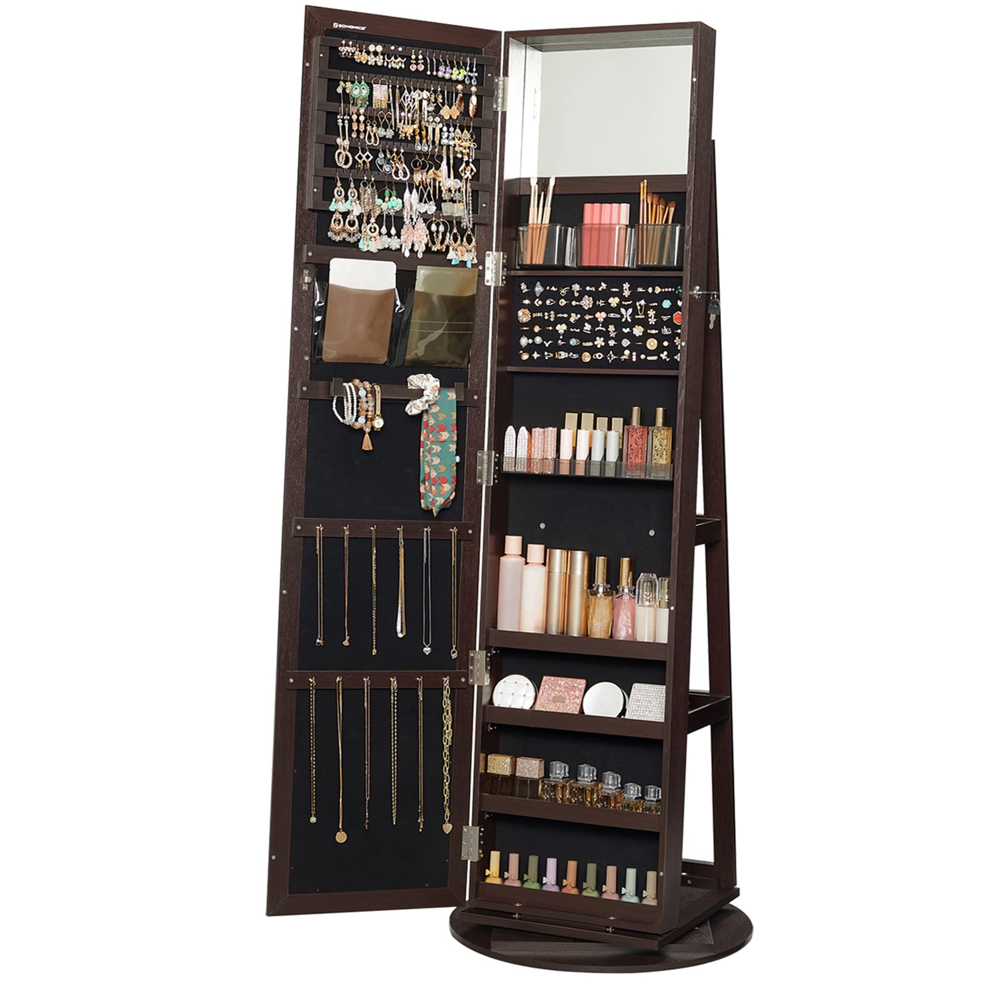 SONGMICS 360° Swivel Jewelry Cabinet with Lock - Full-Length Mirror Jewelry Organizer with Storage Shelves & Interior Mirror - Jewelry Armoire for Bedroom, Closet or Dressing Room - Brown UJJC006R01