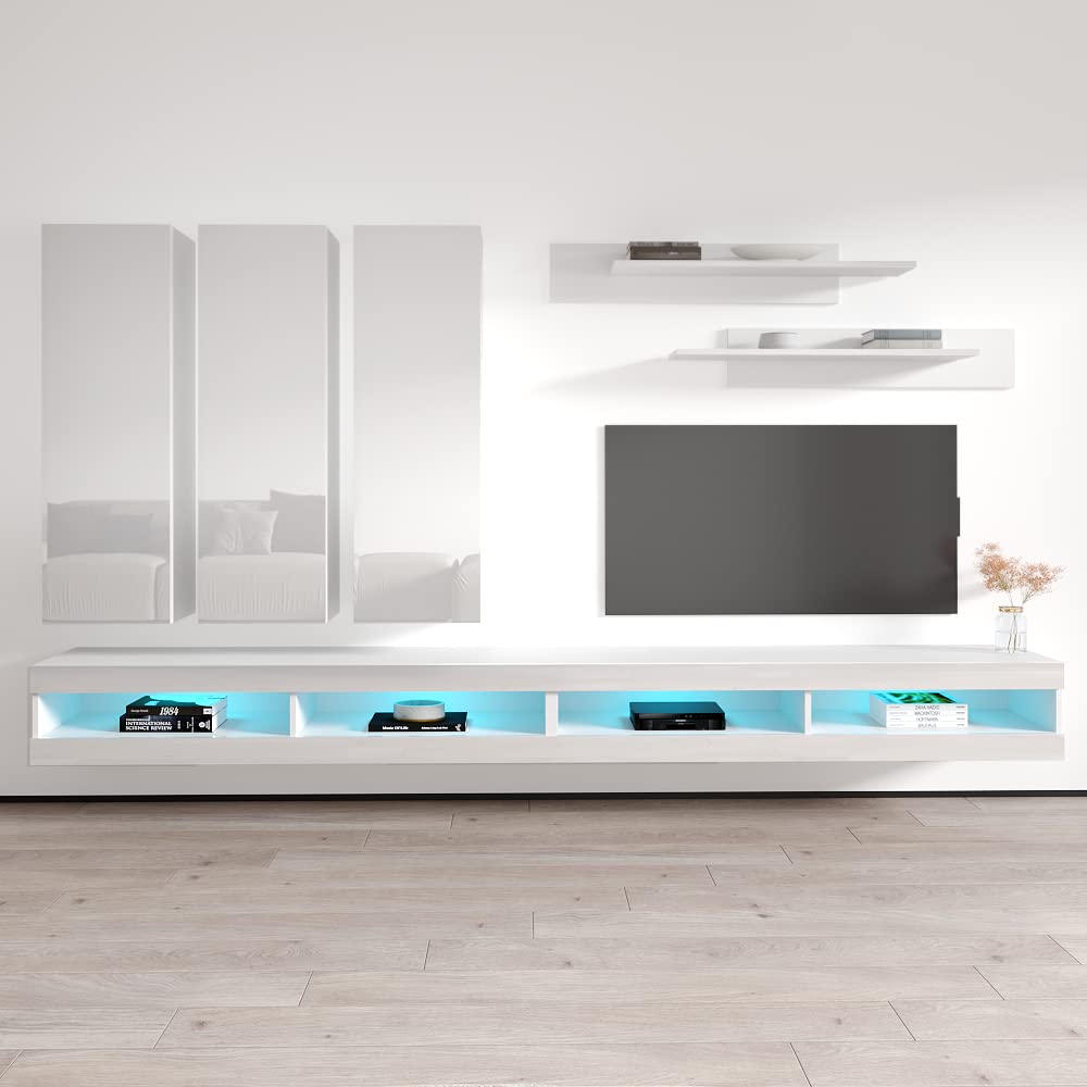 Modern White Floating TV Stand with Storage & LED Lights - Wall-Mounted Entertainment Center for Bedroom & Living Room - E1 34
