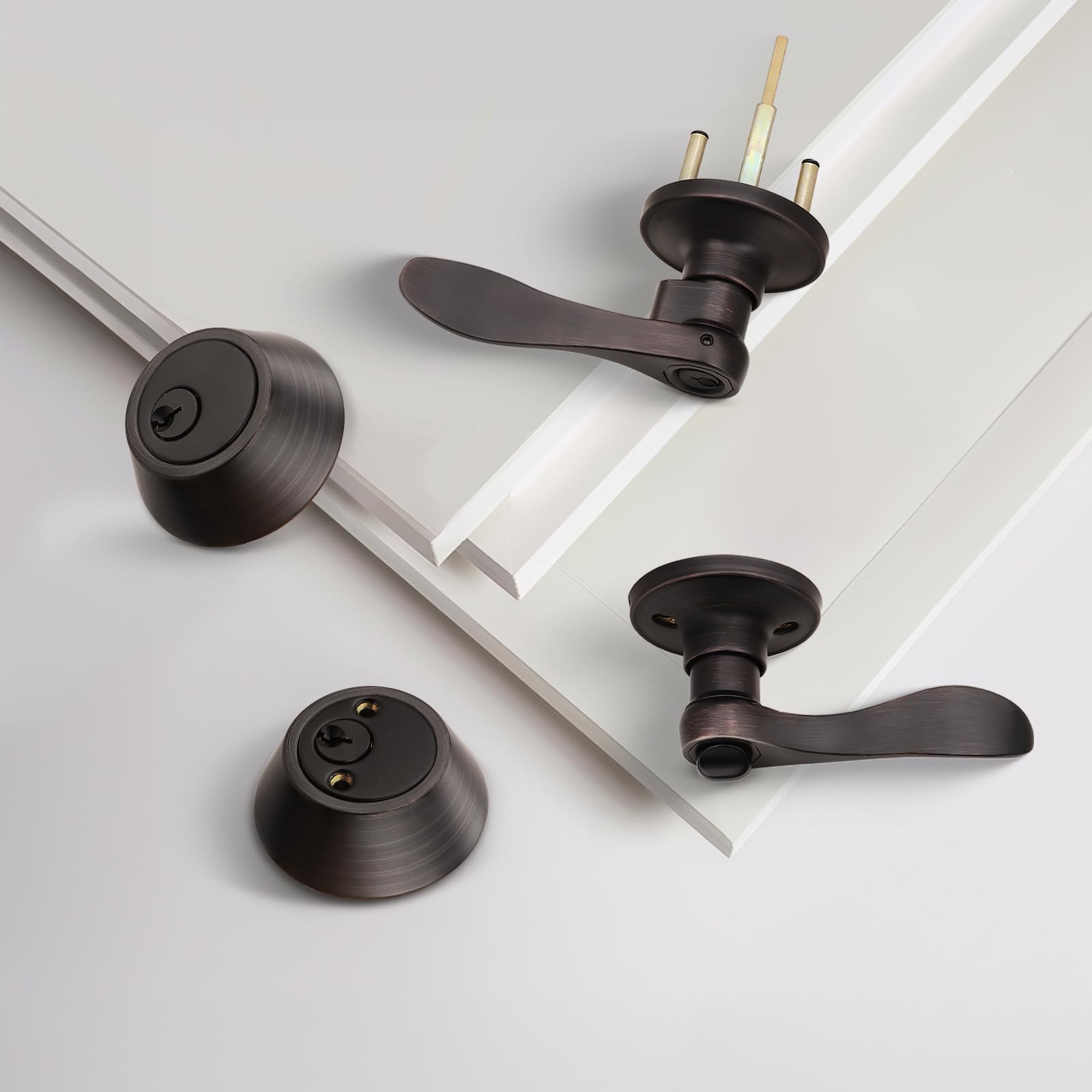 Oil Rubbed Bronze Exterior Door Handle with Deadbolt - Wave Style Keyed Entry Lockset for Home Security