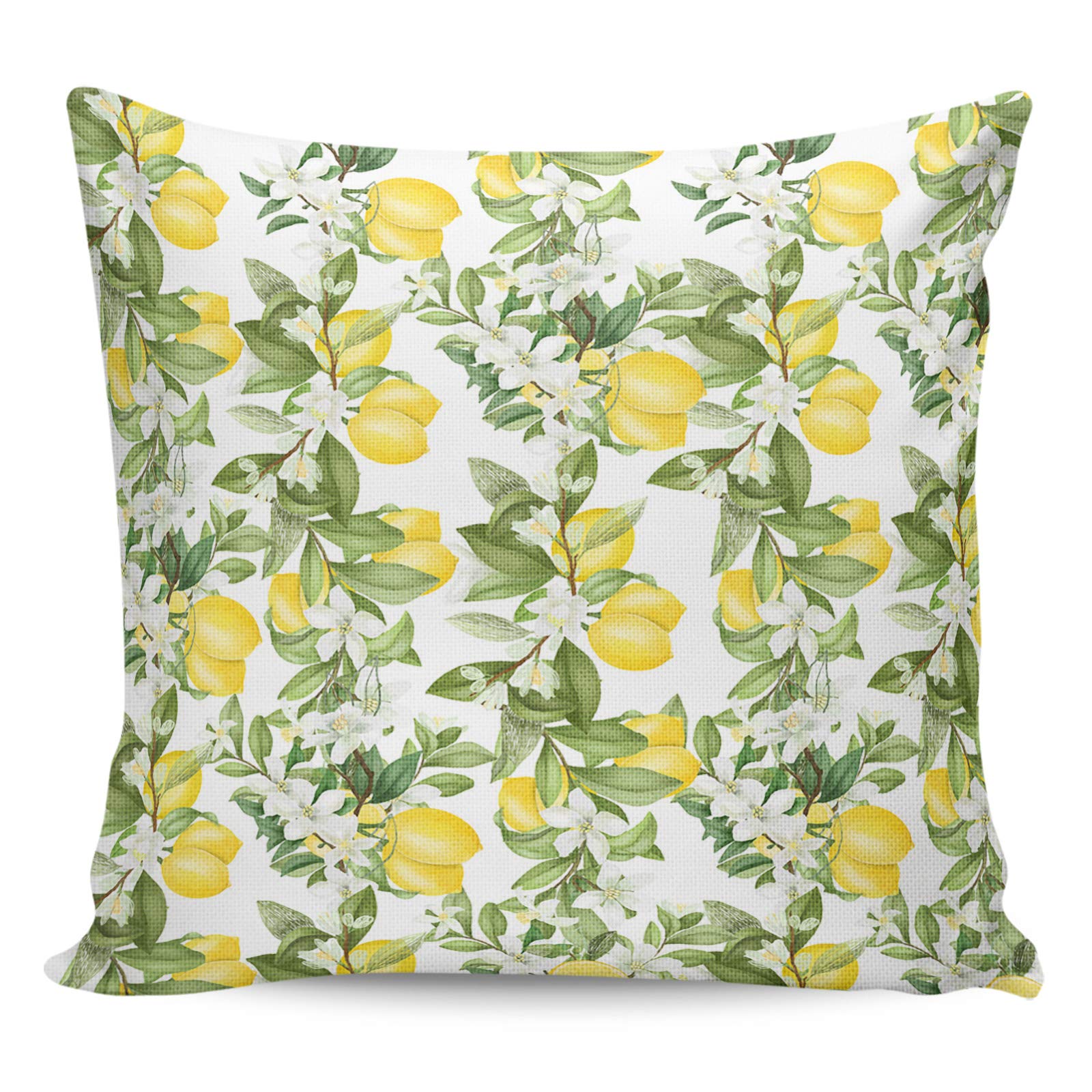 CirCleO 16x16 Inch Square Pillow Cover - Summer Fruits Lemon & White Flowers Design, Cotton Linen Blend Decorative Throw Pillow Case for Sofa, Bed, Outdoor Furniture - Home Decor Accent for Living Room, Patio, Dorm