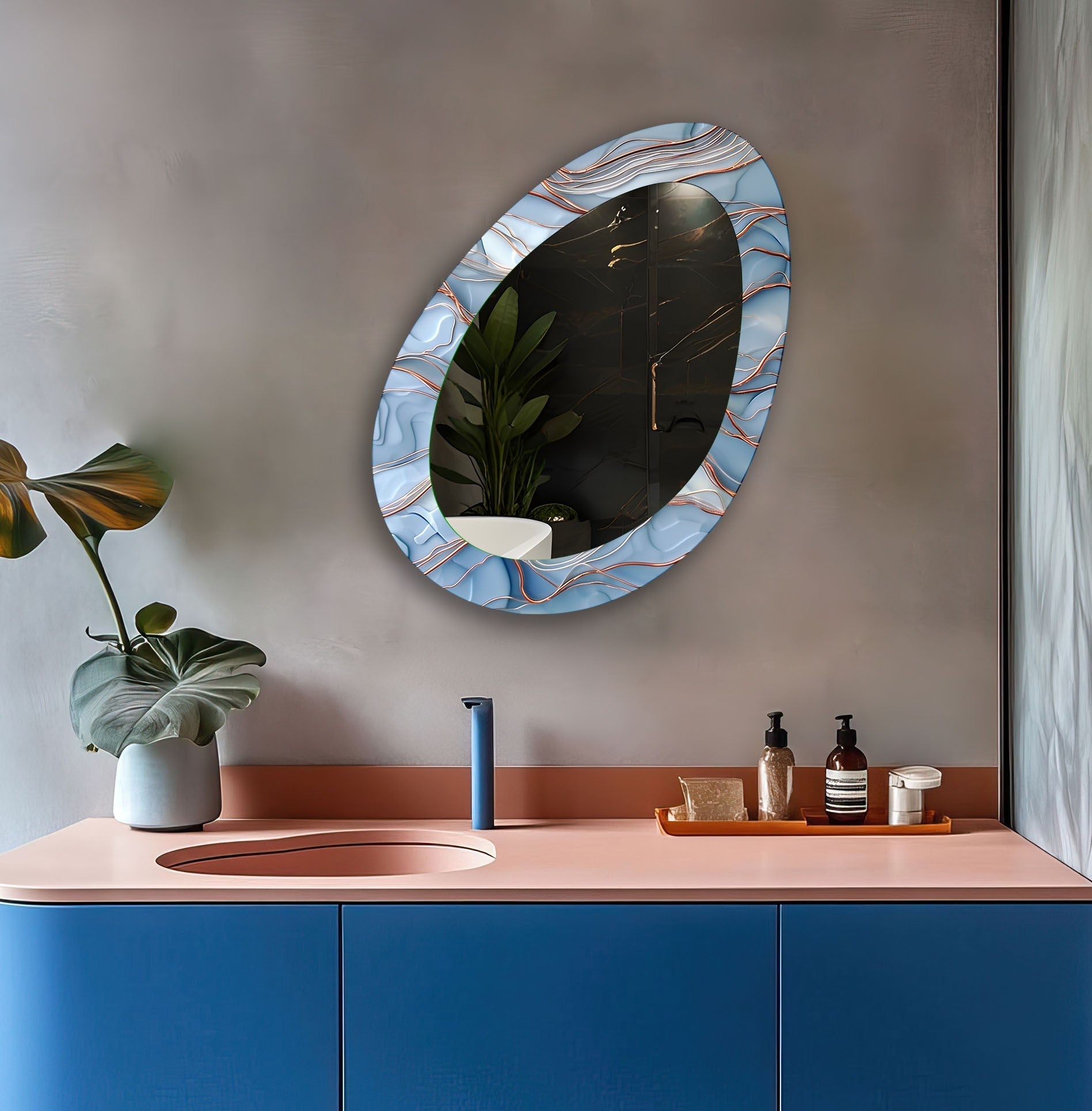 Blue and Copper Oval Modern Wall Mirror - Elegant Home Decor for Living Room, Bedroom & Entryway - Perfect for Adding Style and Depth to Any Space