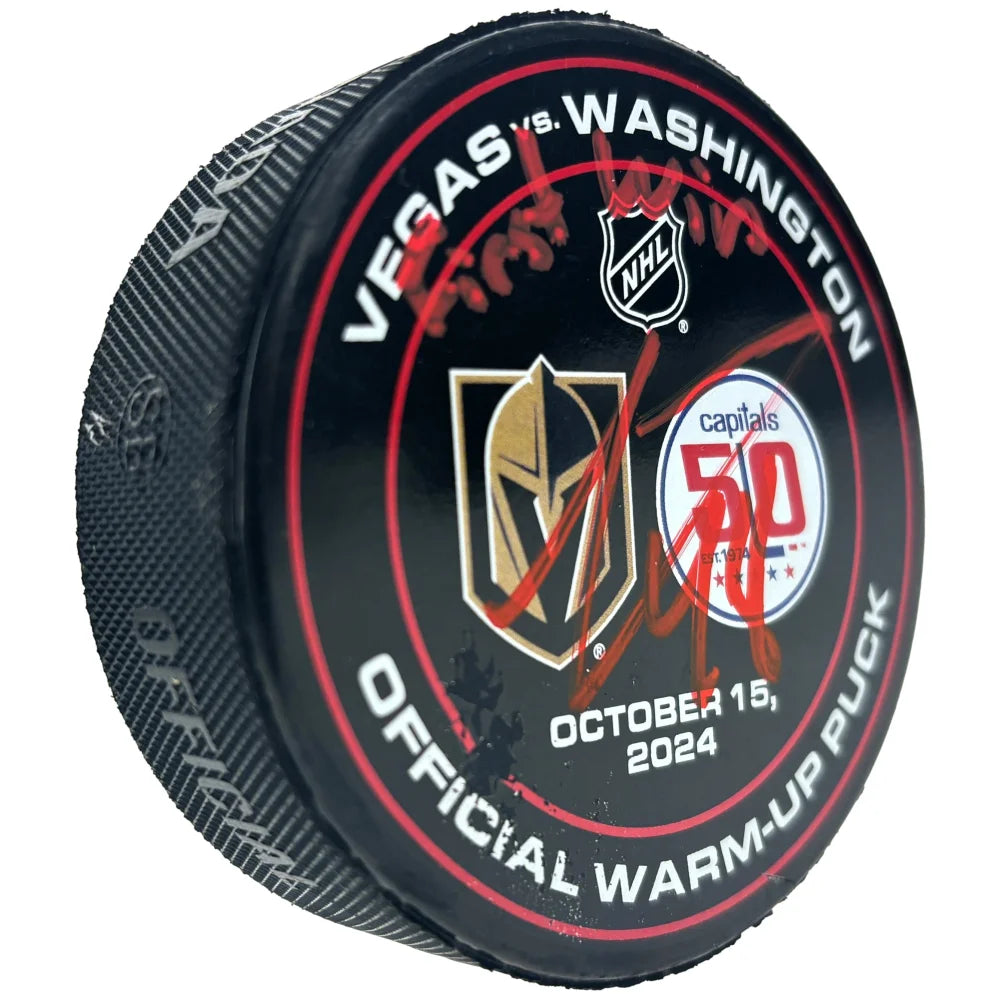 Logan Thompson Autographed Washington Capitals Game-Used Puck - First NHL Win Debut - Collectible Hockey Memorabilia for Fans & Sports Enthusiasts - Perfect for Display, Gifts, and Sports Collections