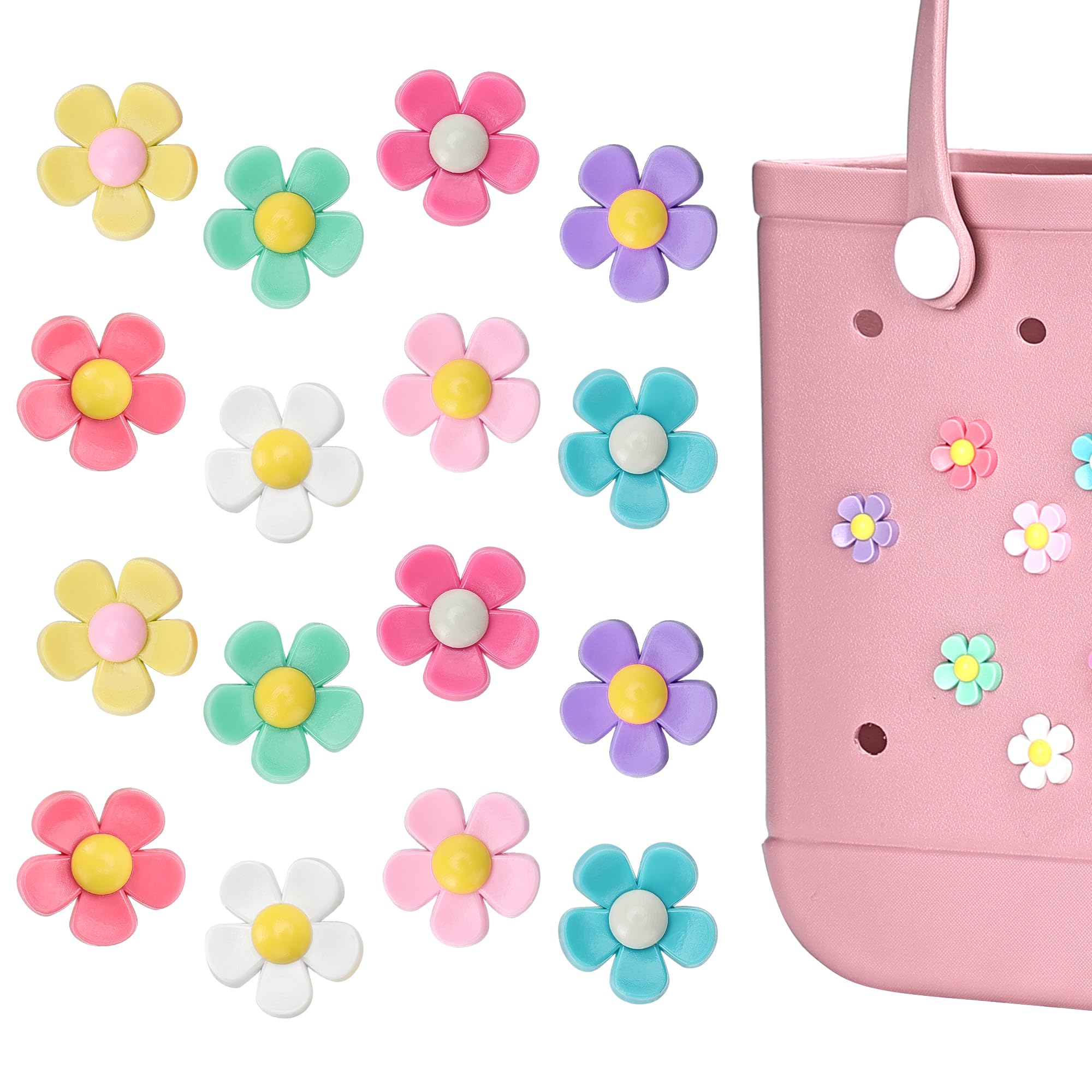 Ella & Emma 16Pcs Flower Charm Accessories for Bogg Bags & Simply Southern Totes - Colorful Decorative Charms to Personalize Your Beach Tote, Purse or Backpack (16pc Rainbow Flower Set) - Perfect for Beach Trips, Pool Parties & Summer Vacations