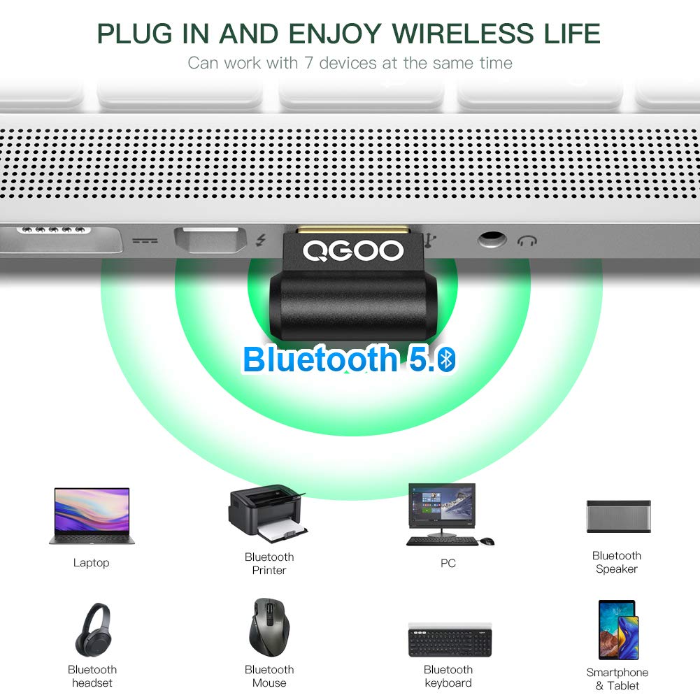 QGOO Mini Bluetooth 5.0 USB Adapter for PC - Wireless Dongle for Desktop & Laptop, Compatible with Headphones, Keyboard, Mouse, Speakers, Printer - Windows 7/10/11 (Grey) - Perfect for Home Office, Gaming & Wireless Audio Setup