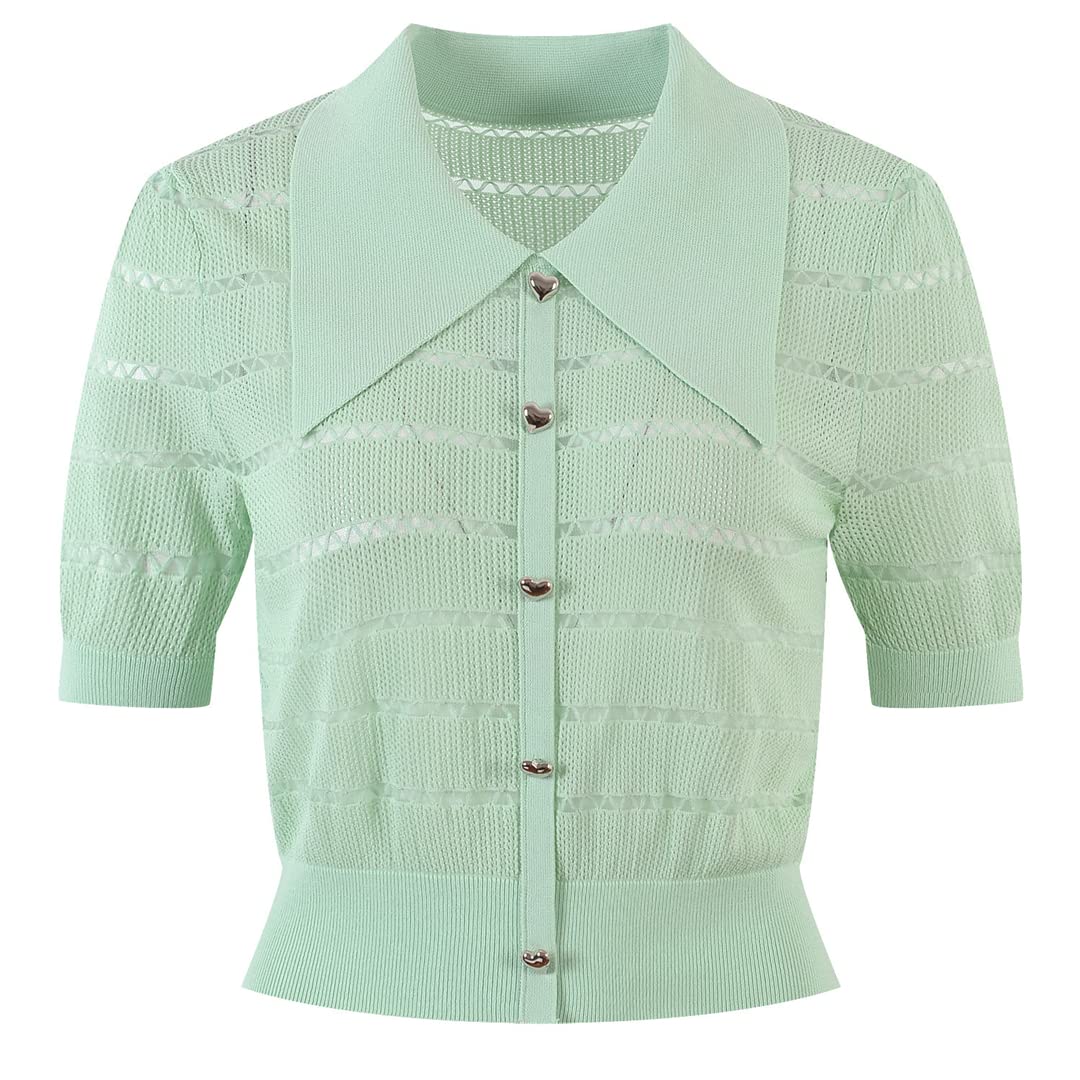 Women's Short Sleeve Knit Cardigan with Heart Buttons - Casual White & Green Sweater Top for Spring & Summer | Perfect for Office, Date Night & Weekend Outfits
