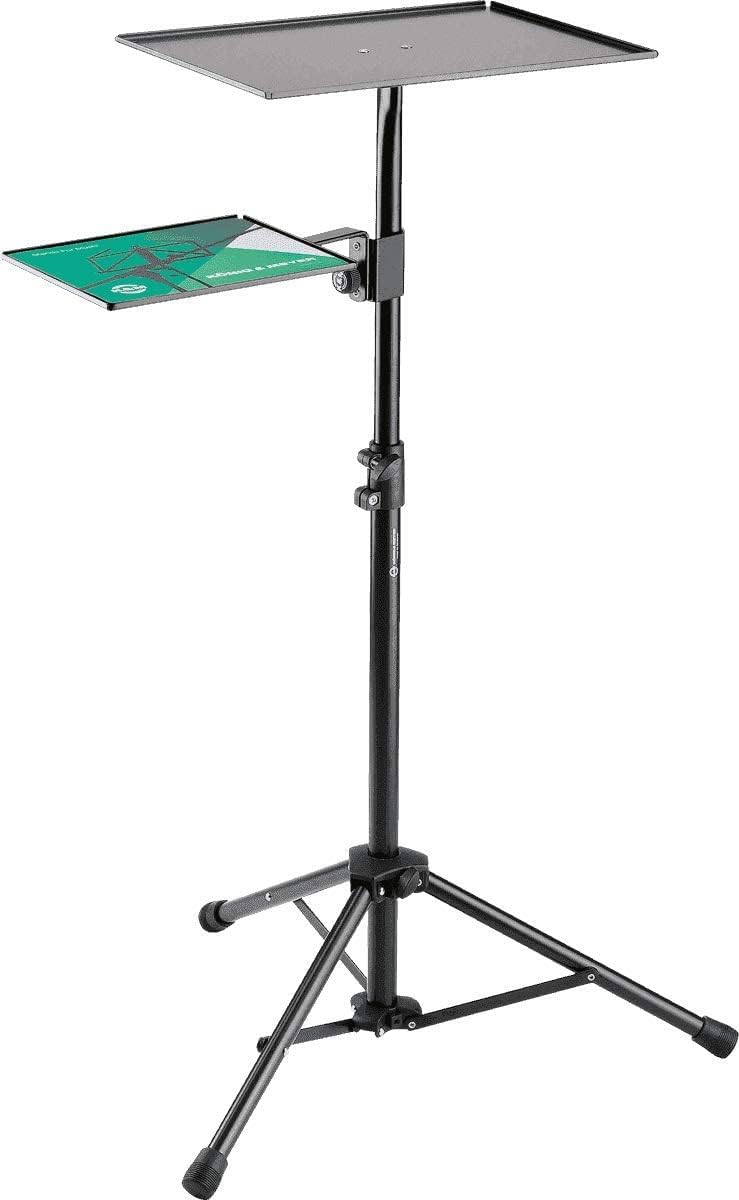 K&M Konig & Meyer 12150.000.55 Adjustable Laptop Projector Stand with Tripod & Cross Brace Legs | Clamp-On Mouse/Phone Tray | Ergonomic & Portable Design | German Made Black | Perfect for Home Office, Classroom & Business Presentations