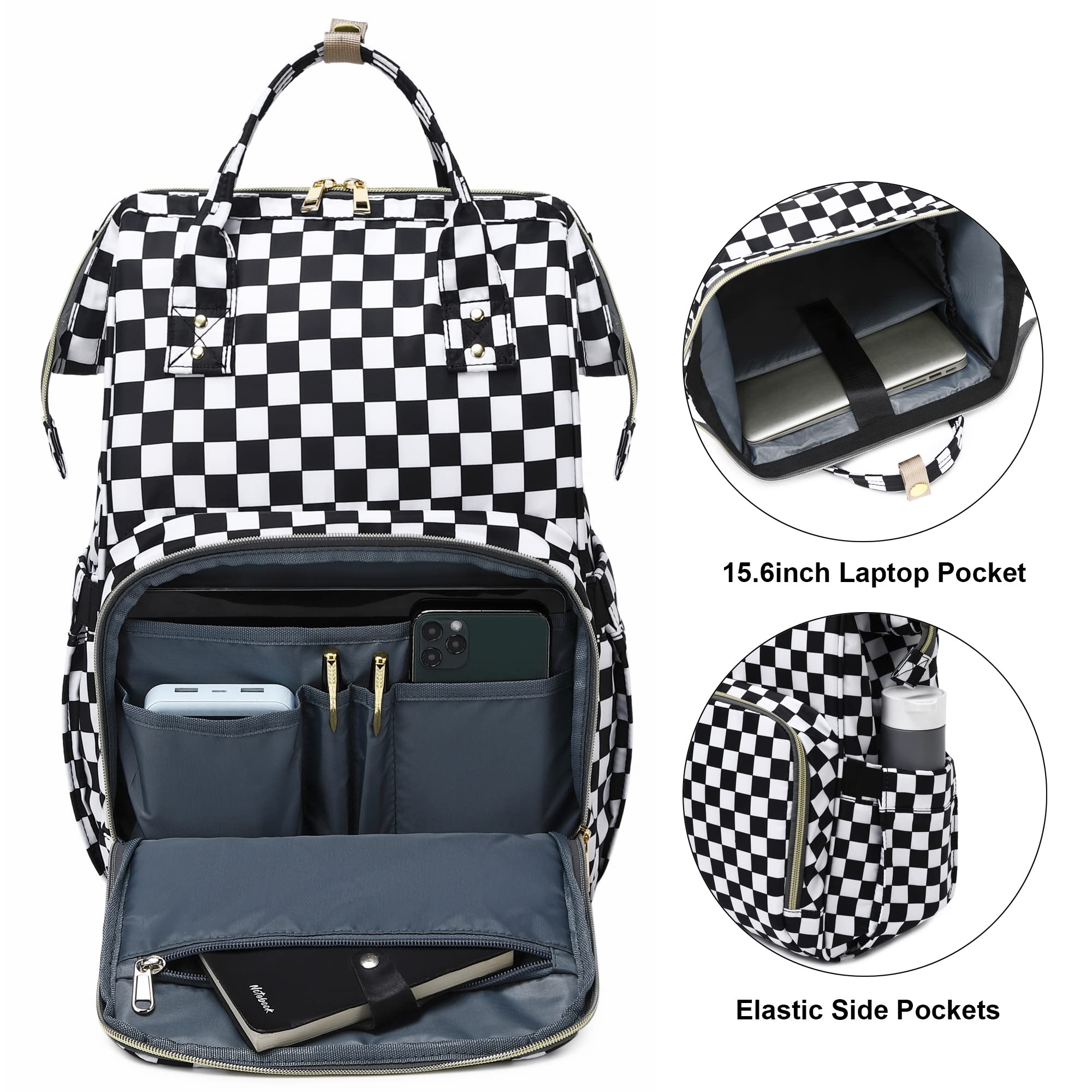 Stylish Women's Laptop Backpack for College & School - 15.6 Inch Waterproof Bookbag with USB Charging Port (Checkered Pattern) - Perfect for Work, Travel & Daily Commute