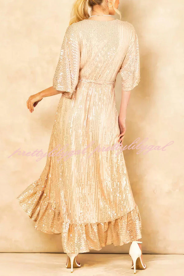 Elegant Solid Color Sequined V-Neck Waist Tie Loose Maxi Dress for Women - Perfect for Evening Parties, Weddings & Special Occasions