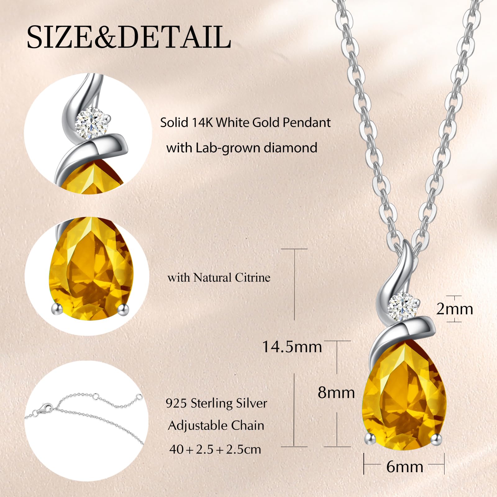 14K Solid White Gold Birthstone Pendant Necklace for Women - Pear Shaped Diamond Teardrop Necklace | Personalized Birthday Gift for Mom, Wife, Daughter | Sterling Silver Chain 16